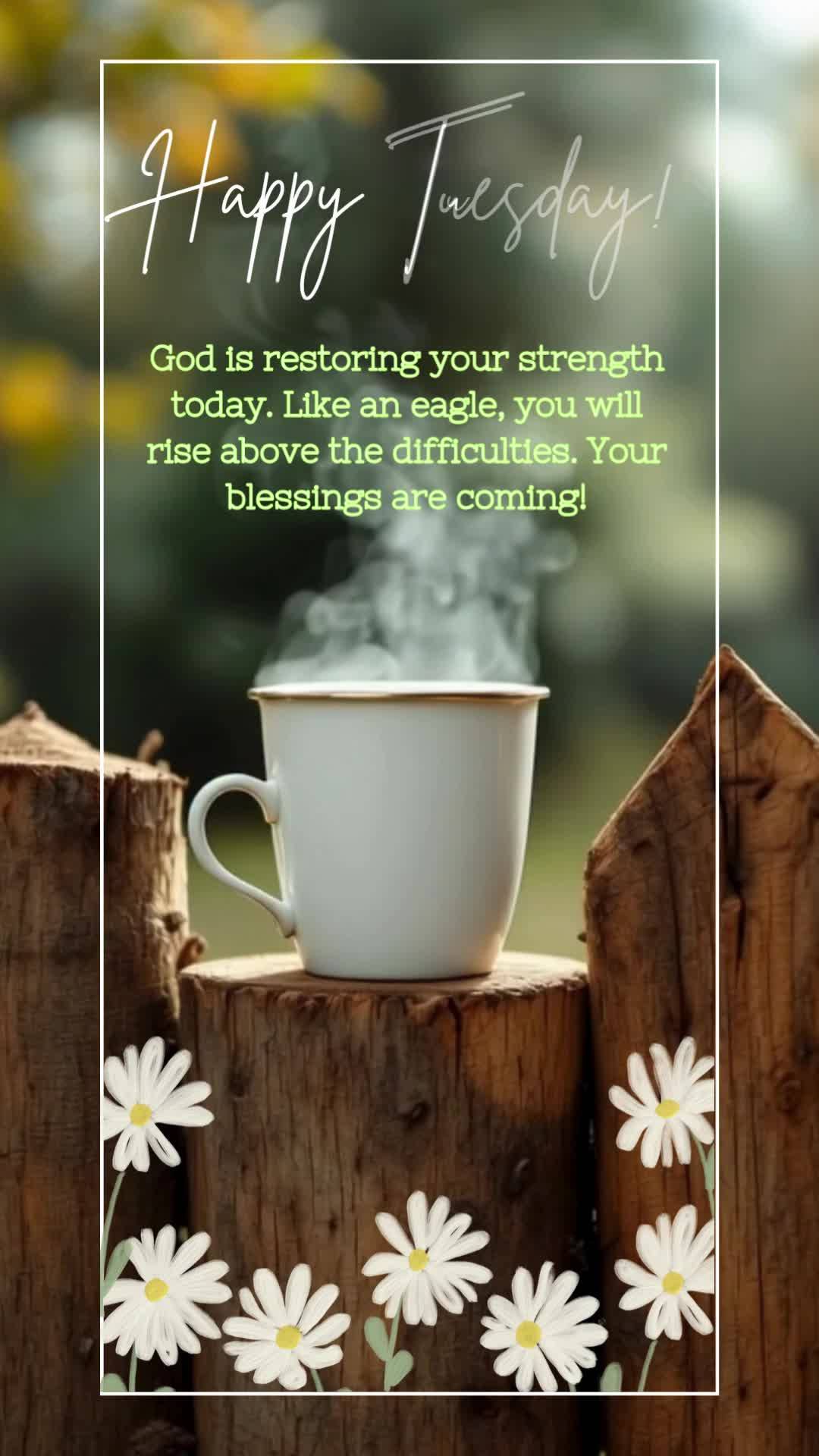 Deus está renovando suas forças neste dia. Como águias, você se erguerá acima das dificuldades. Suas bênçãos estão a caminho! Feliz Terça!