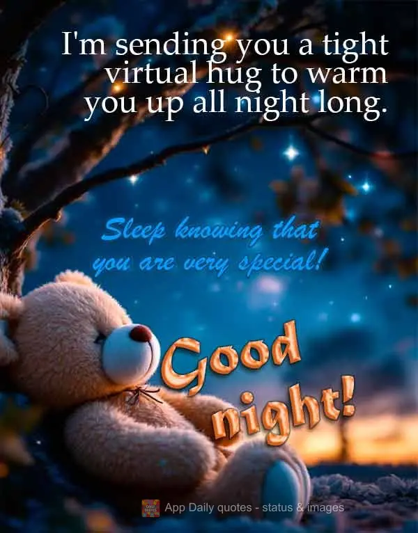 Estou enviando um abraço virtual bem apertado para te aquecer durante a noite. Durma sabendo que é muito especial! Boa noite!