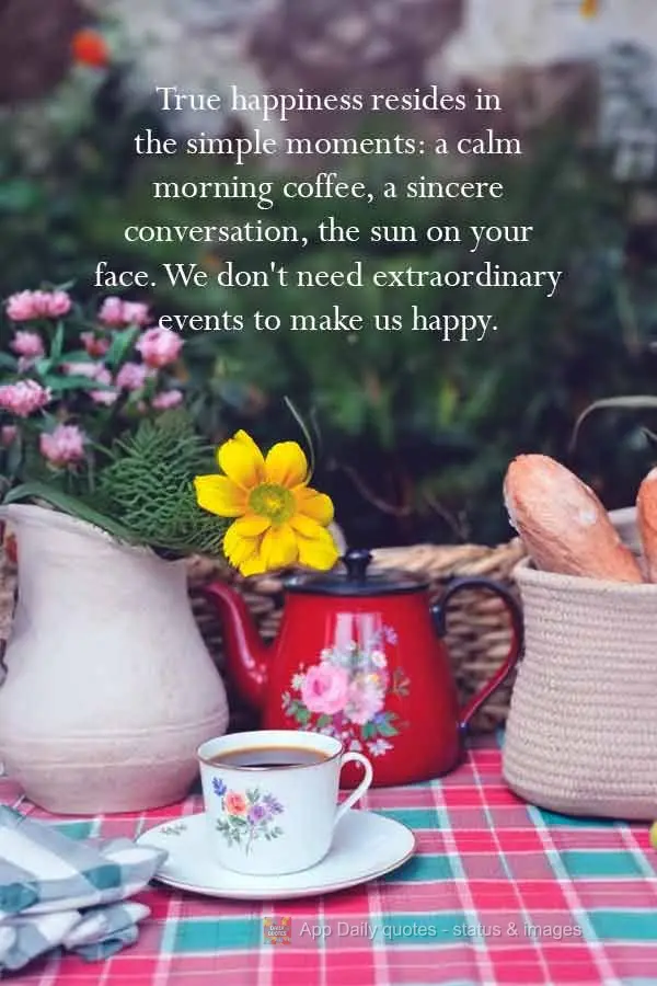 A verdadeira felicidade reside nos momentos simples: o café da manhã tranquilo, uma conversa sincera, o sol no rosto. Não precisamos de acontecimentos...