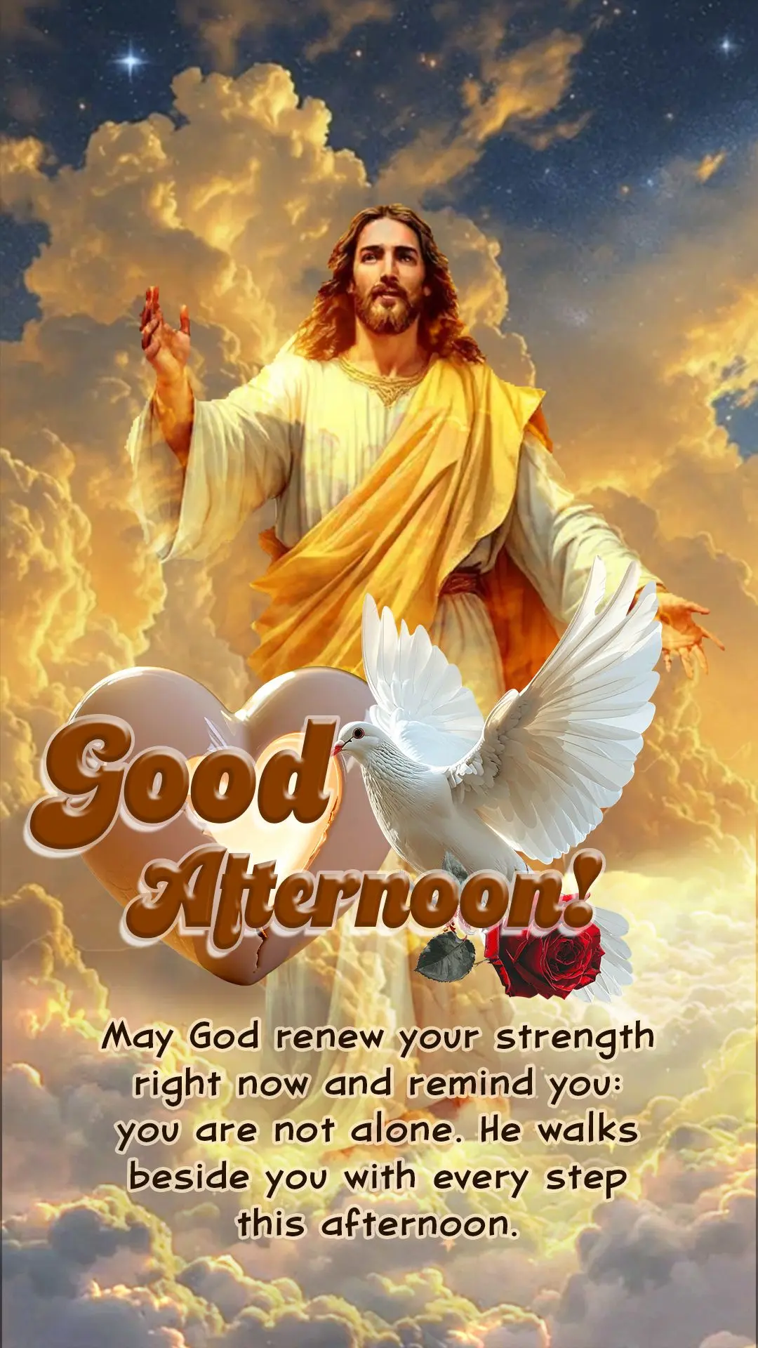 Boa tarde! Que Deus renove suas forças agora e te lembre: você não está sozinho. Ele caminha ao seu lado em cada passo desta tarde. 🙏✨