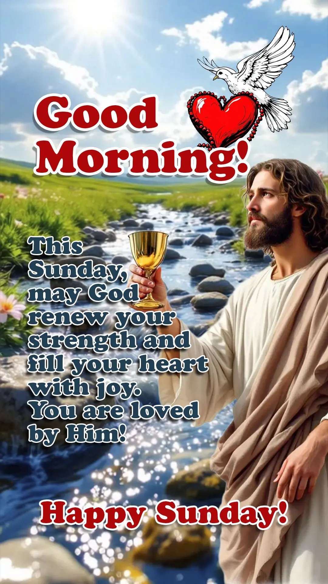 Bom dia! Neste domingo, que Deus renove suas forças e encha seu coração de alegria. Você é amado por Ele! 🌟🙏