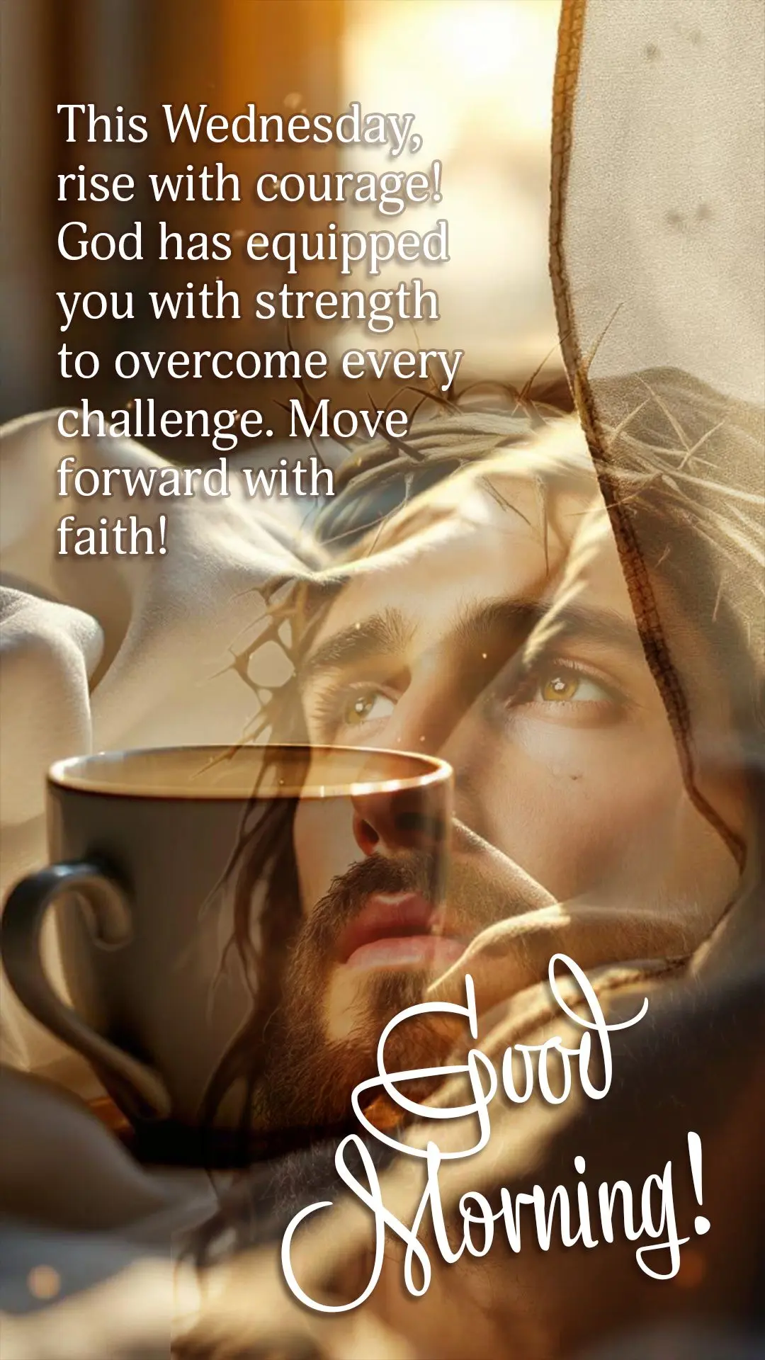 🌟 Bom dia! Nesta quarta-feira, levante-se com coragem! Deus equipou você com força para superar cada desafio. Avance com fé! 💪✨