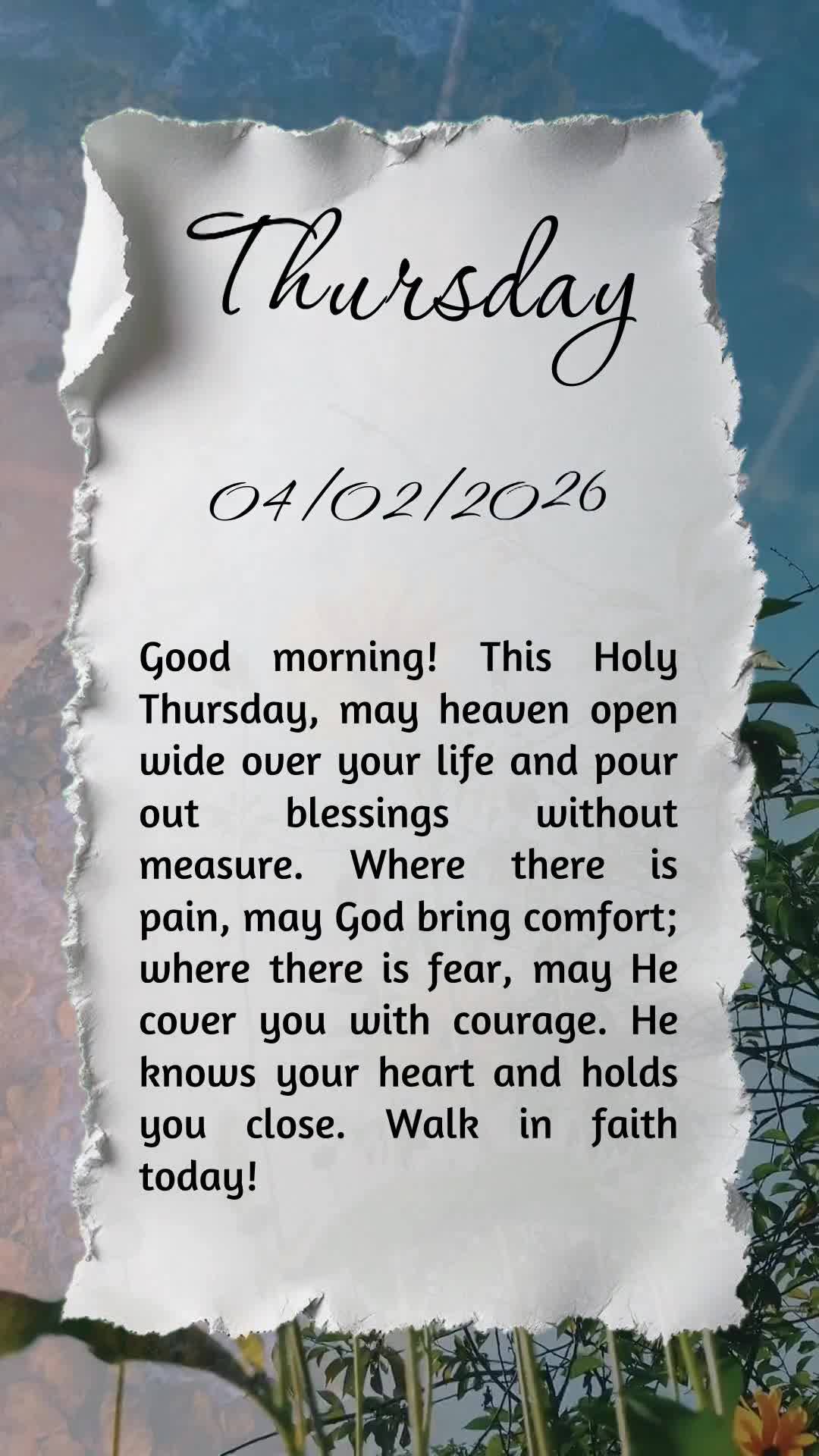Bom dia! Nesta Quinta-feira Santa, que o céu se abra sobre sua vida e derrame bênçãos sem medida. Que a mesa que Jesus preparou com amor transborde p...