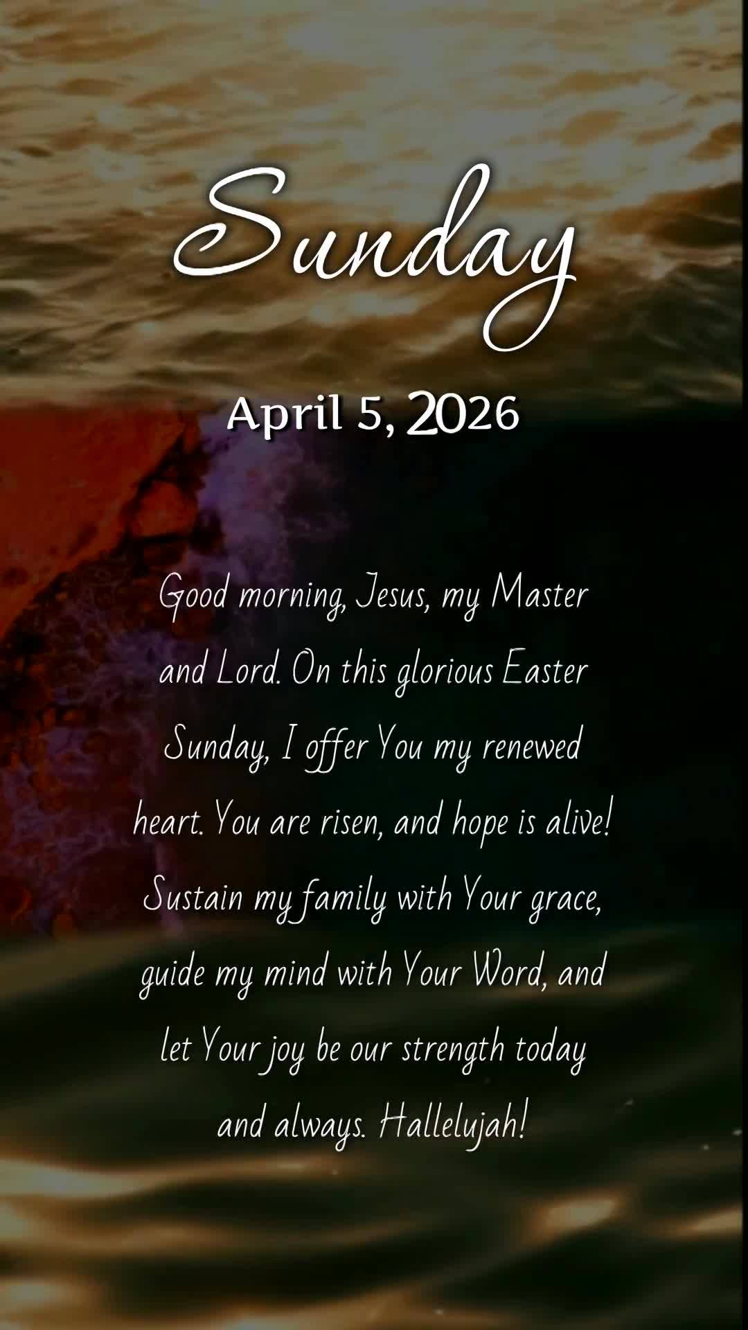 Bom dia, Jesus, meu Mestre e Senhor. Neste glorioso Domingo de Páscoa, ofereço-Te meu coração renovado. Tu ressuscitaste e tudo mudou! Que Tua luz gu...