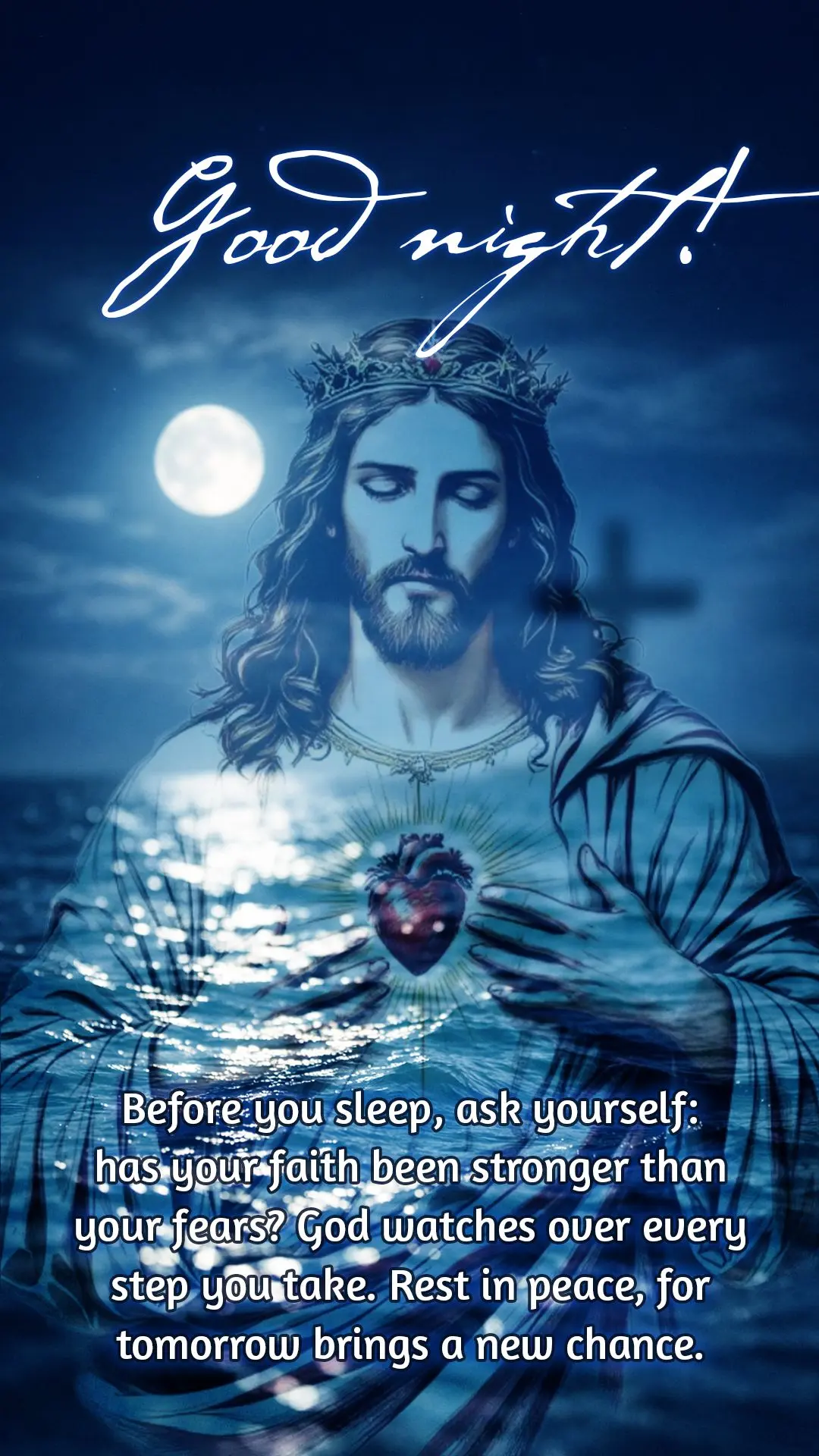 Antes de dormir, reflita: sua fé tem sido maior que seus medos? Deus guarda cada passo seu. Descanse em paz, pois amanhã é uma nova chance. Boa noite!...
