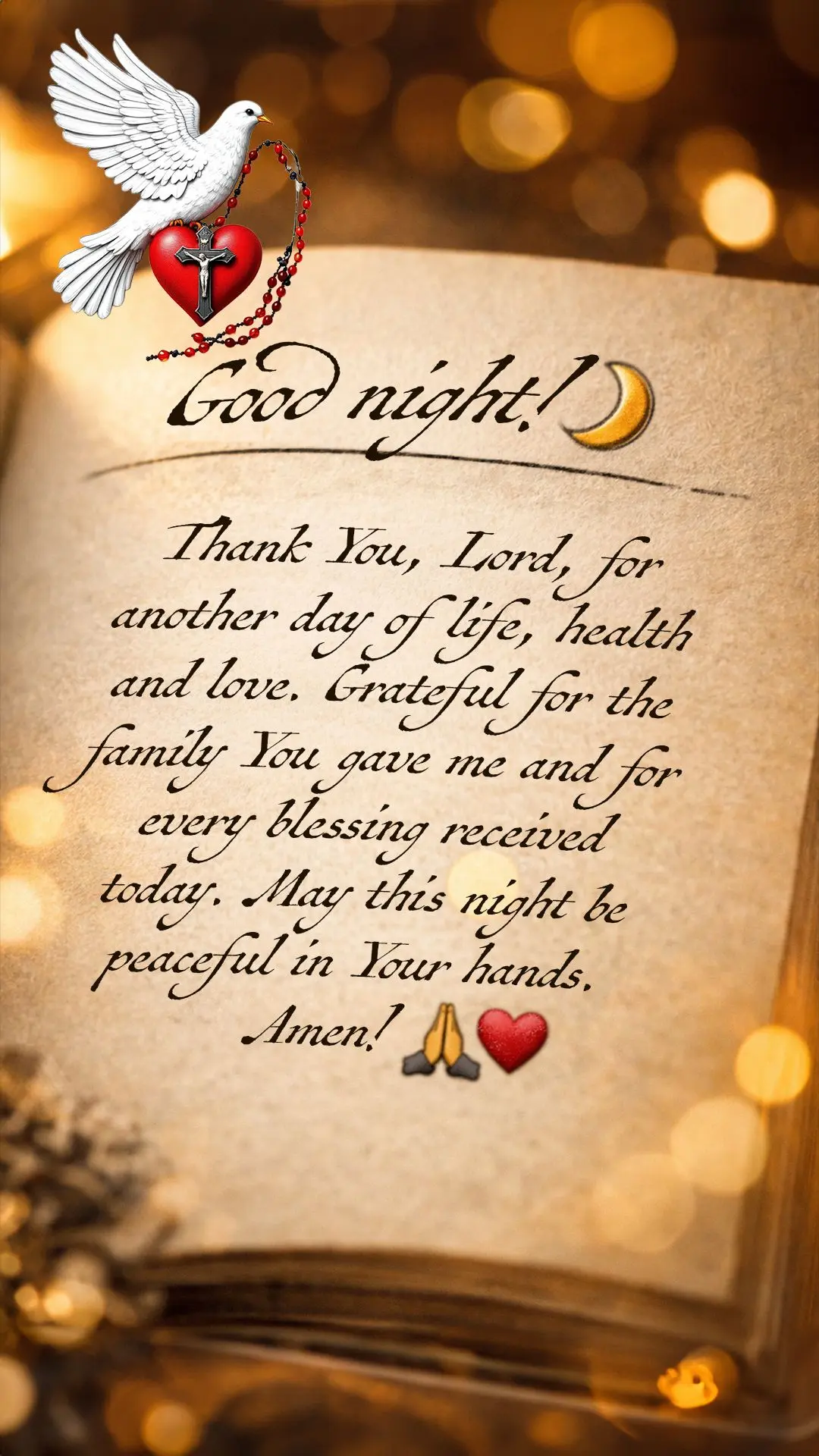 Boa noite! 🌙✨
Obrigado, Senhor, por mais um dia de vida, saúde e amor. Gratidão pela família que o Senhor me deu e por cada bênção recebida ho...