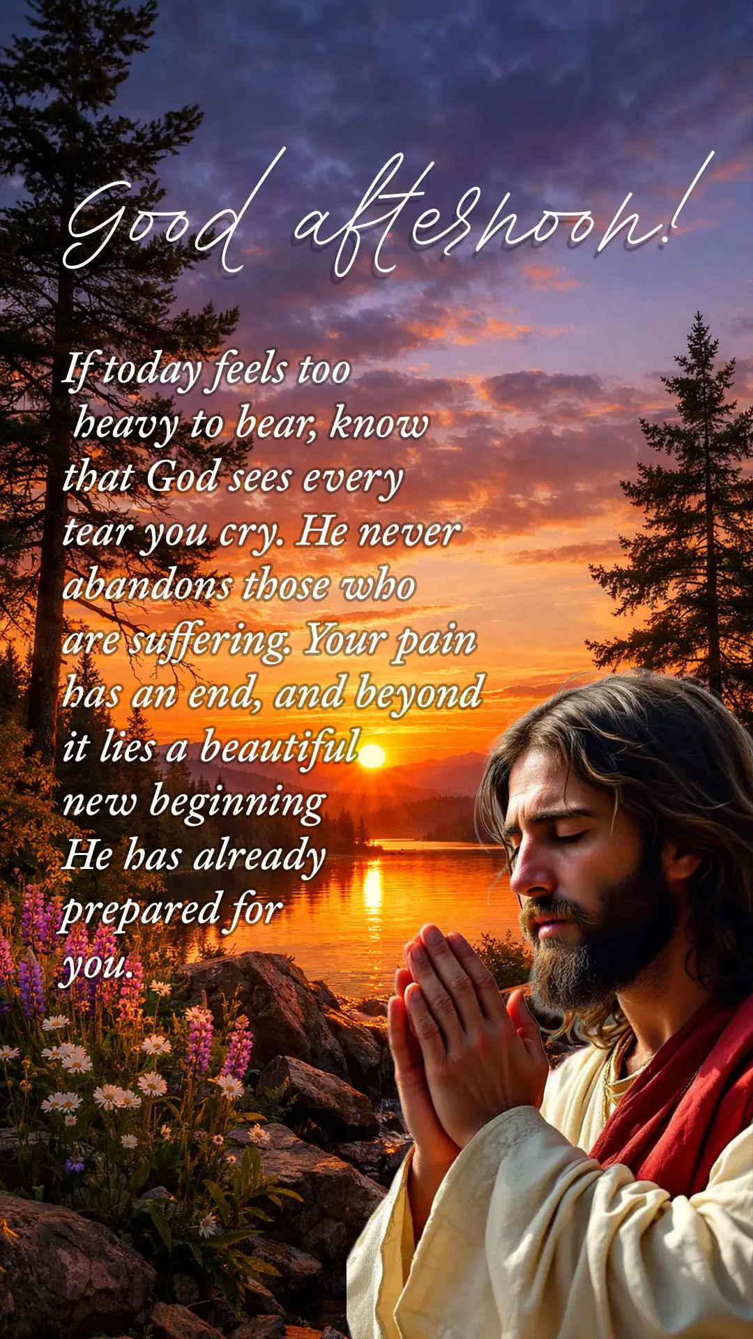 Boa tarde! Se hoje o peso parece grande demais, saiba que Deus vê cada lágrima sua. Ele não abandona quem está sofrendo. Sua dor tem um fim, e além ...