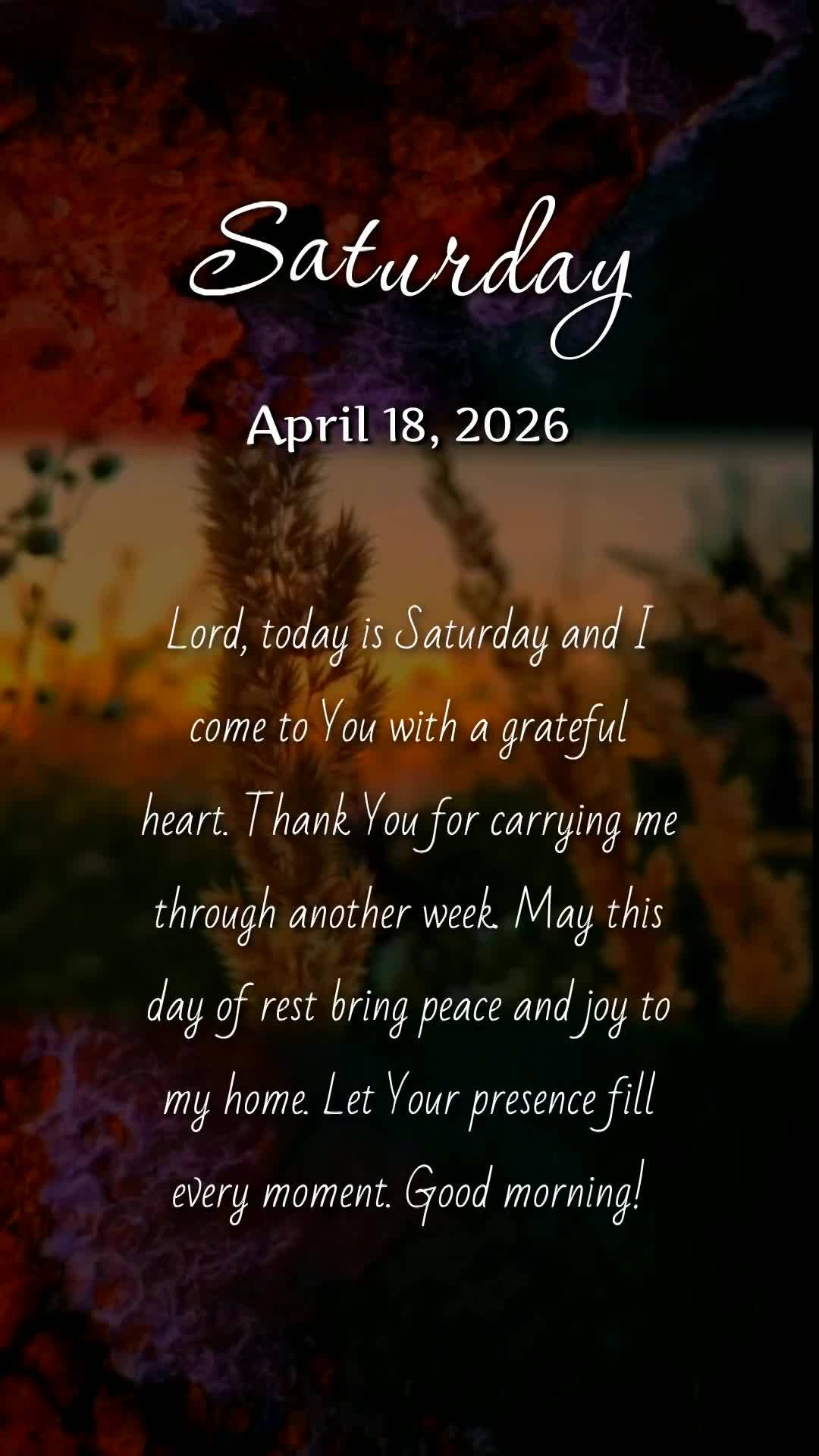 Deus, hoje é sábado, meu pai, e meu coração transborda de gratidão. Obrigado por me sustentar durante toda essa semana. Que este dia de descanso ren...