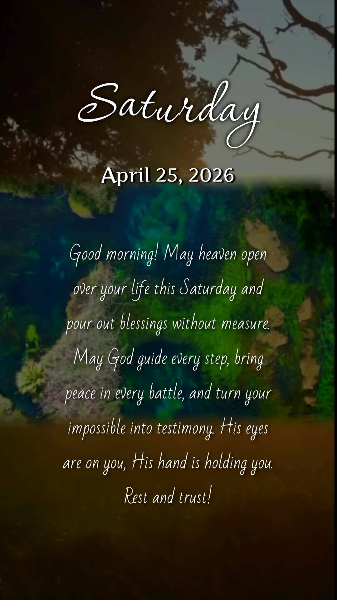 Bom dia! Que o céu se abra sobre sua vida neste sábado e derrame bênçãos sem medida. Que Deus guie cada passo seu, leve consolo onde houver dor e tr...