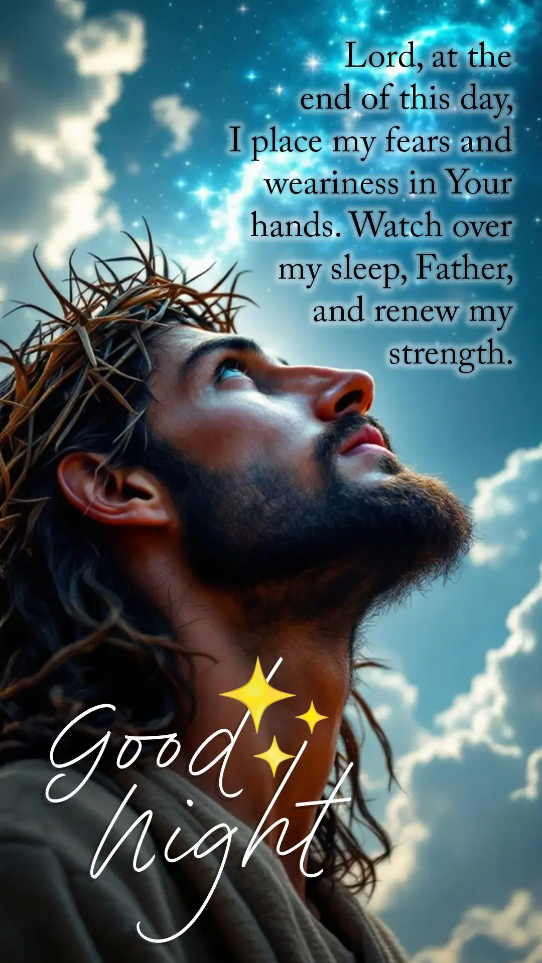 Senhor, ao fim deste dia, entrego em Tuas mãos meus medos e cansaços. Cuida do meu sono, Pai, e renova minhas forças. Boa noite com Deus.