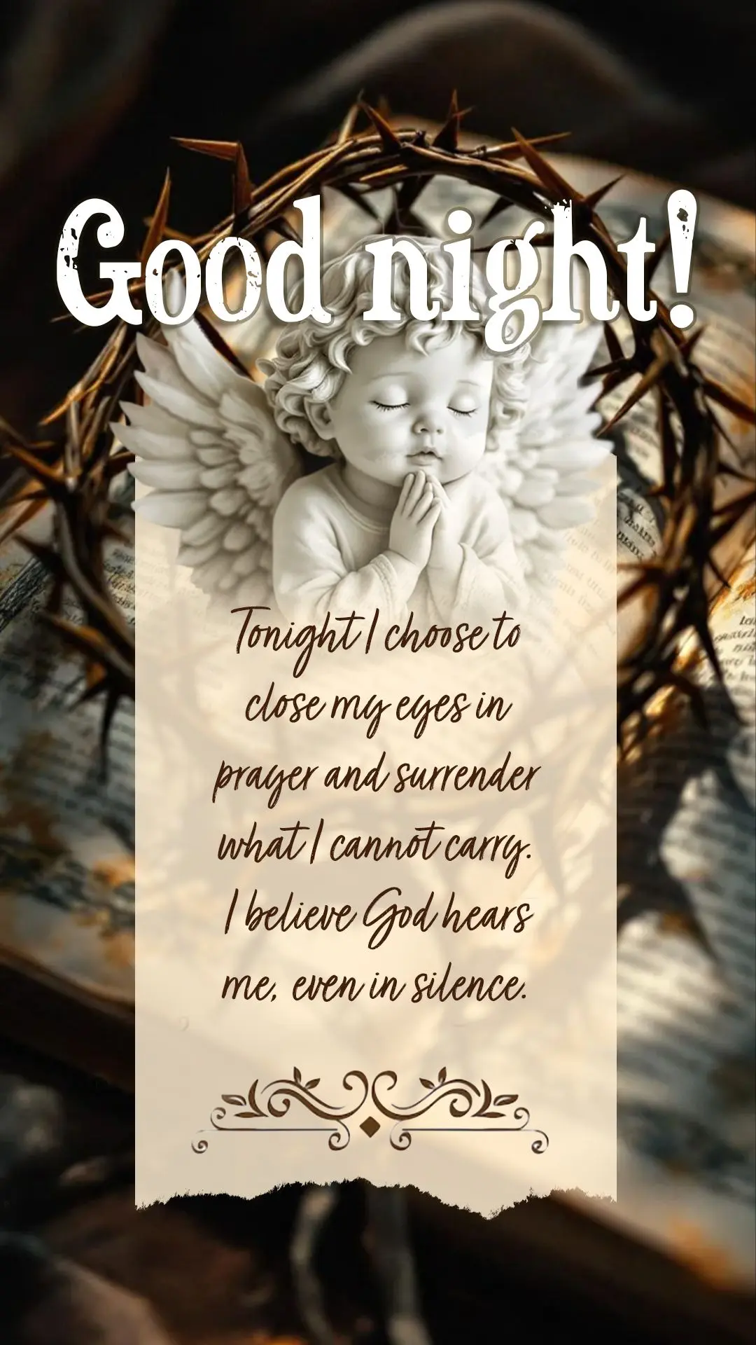Boa noite. Hoje eu escolho fechar os olhos em oração e entregar o que não consigo carregar. Eu sinto que Deus me escuta, mesmo no silêncio.