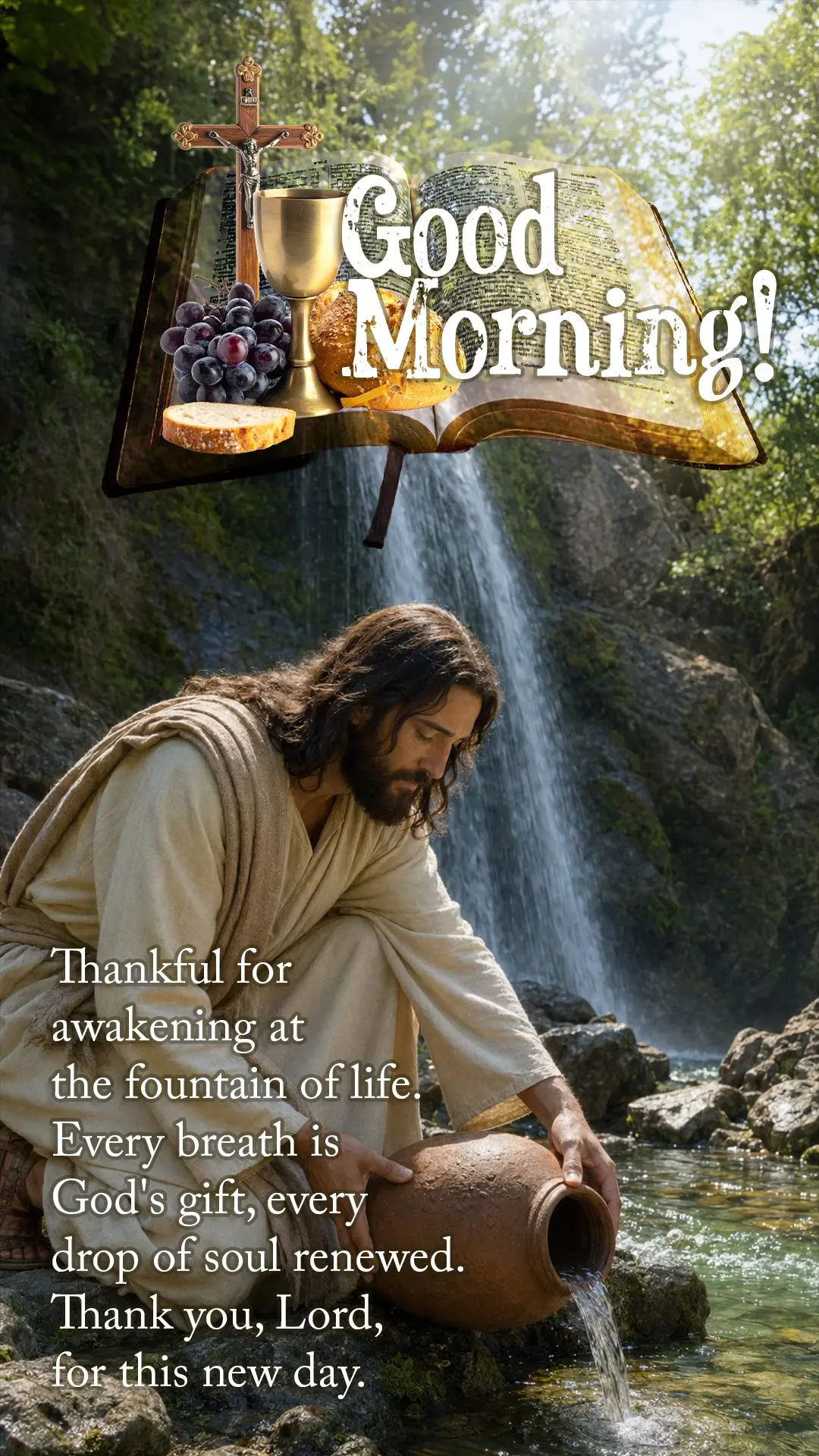 Gratidão por despertar à fonte da vida. Cada respiração é presente de Deus, cada gota d'alma renovada. Obrigado, Senhor, por este novo dia.