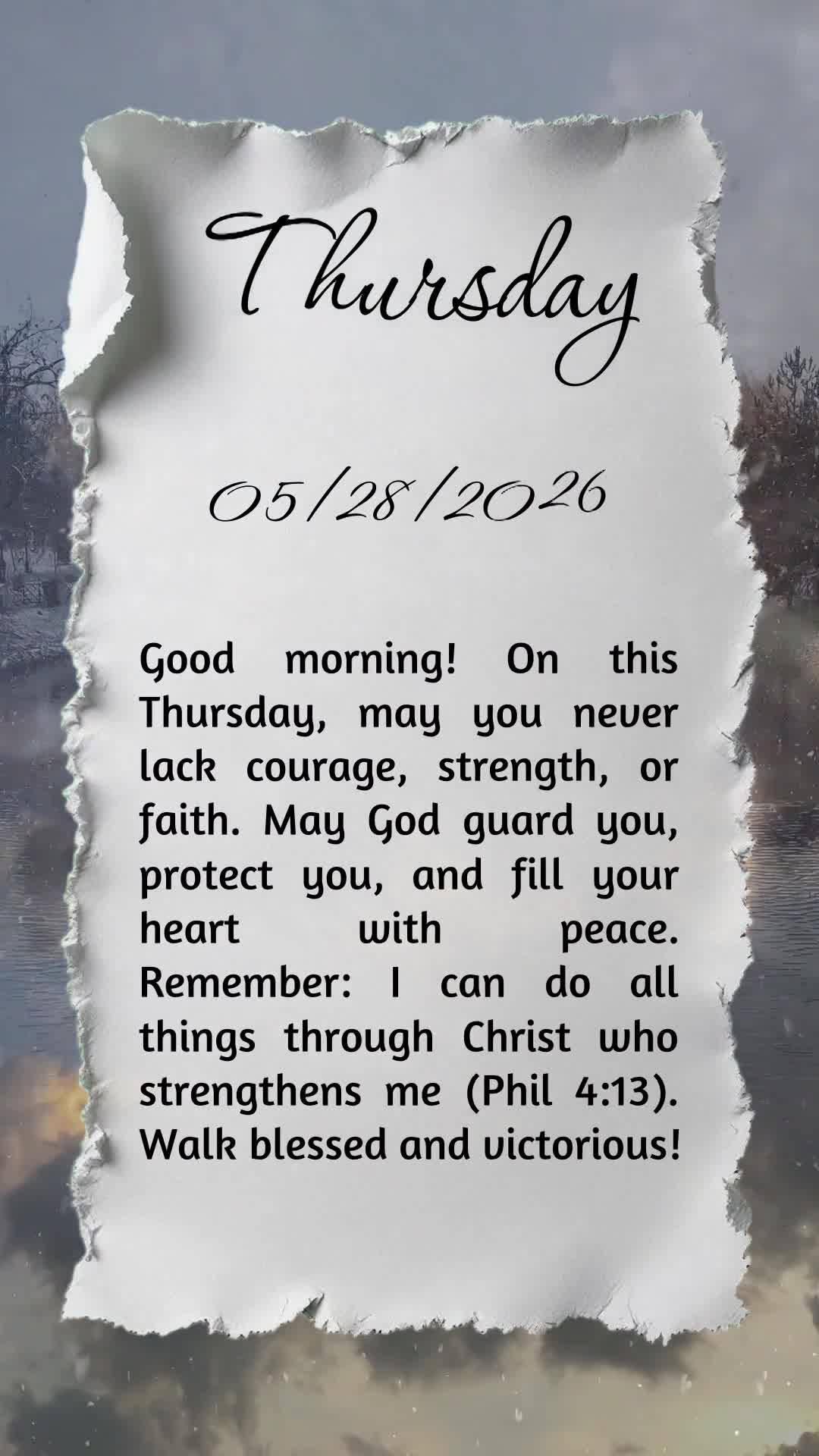 Bom dia! Que nesta quinta-feira não te falte ânimo, força e fé para vencer cada desafio. Que Deus te guarde, te proteja e encha seu coração de paz....