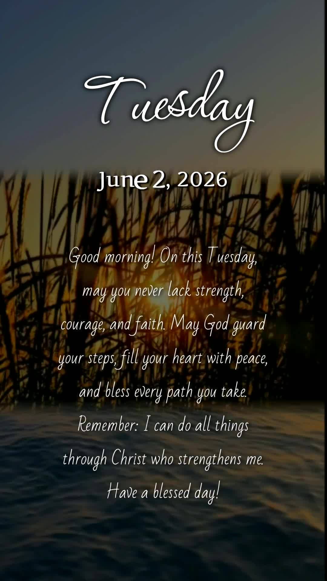 Bom dia! Que nesta terça-feira não te falte ânimo, força e fé para vencer cada desafio. Que Deus te guarde, te proteja e encha seu caminho de paz e ...