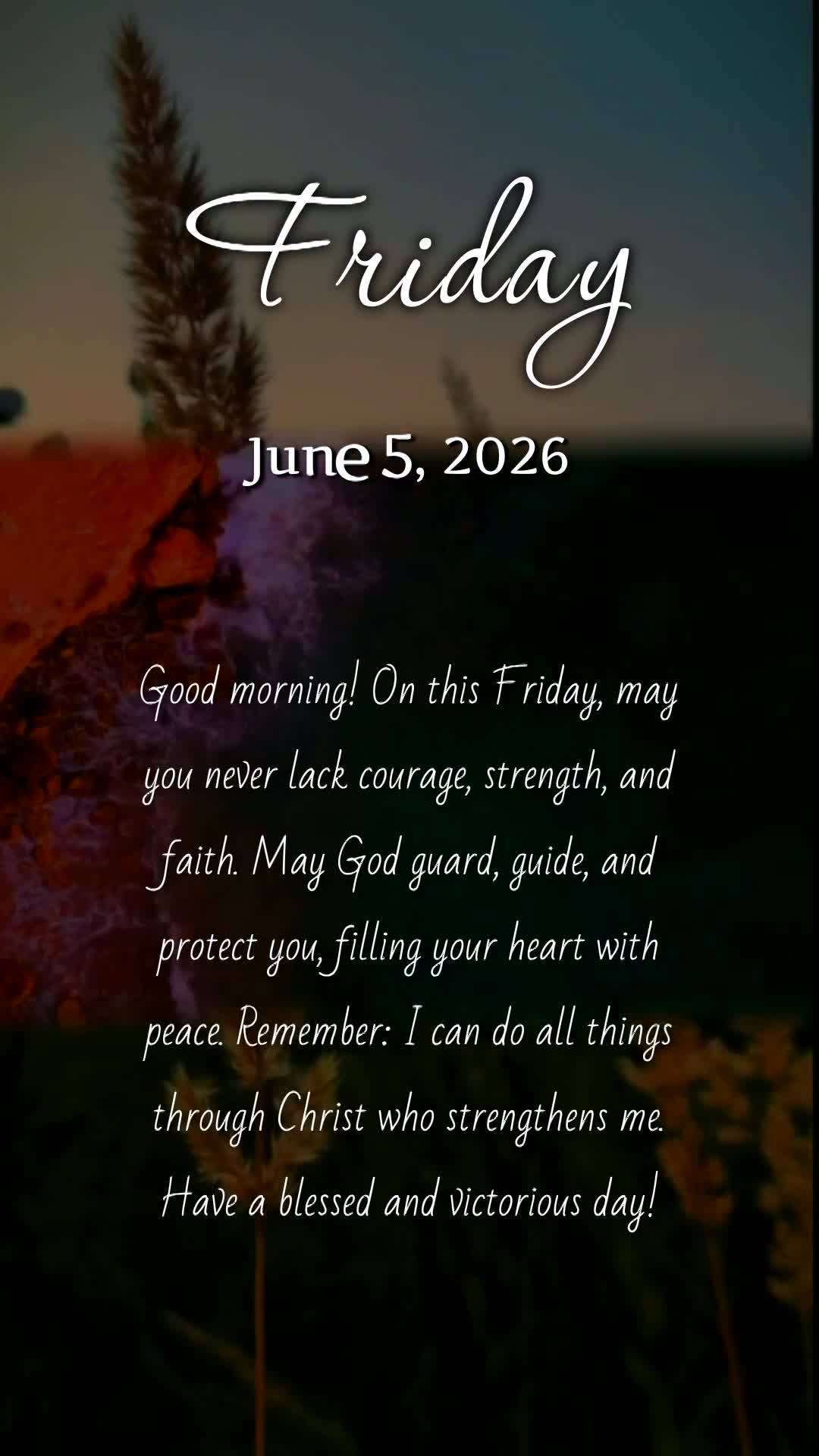 Bom dia! Que nesta sexta-feira não te falte ânimo, força e fé para vencer cada desafio. Que Deus te guarde, te proteja e encha seu coração de paz. ...