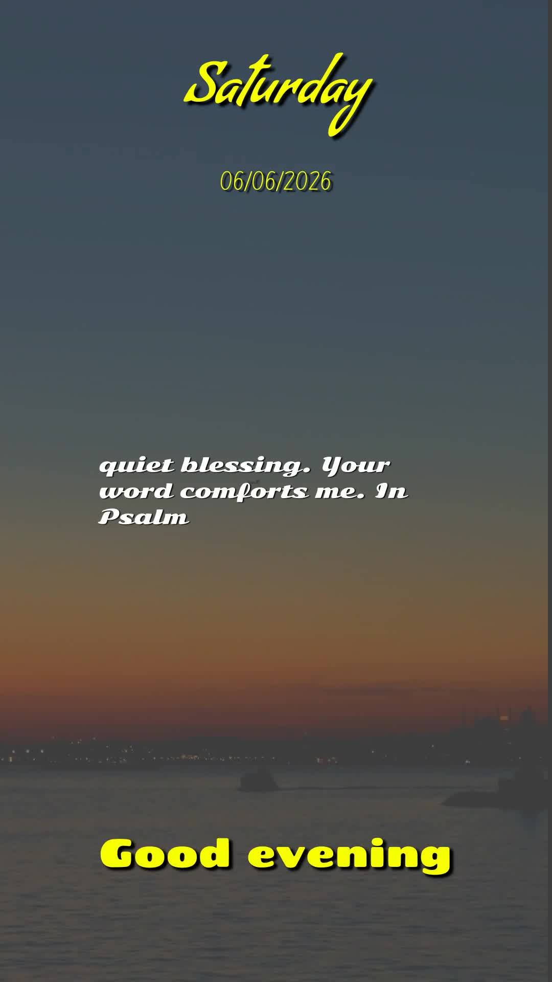 Boa noite, Senhor. Obrigado, meu Deus, por mais um sábado vencido. Tu me livraste de todo mal e me concedeste saúde e força para vencer mais um dia. E...
