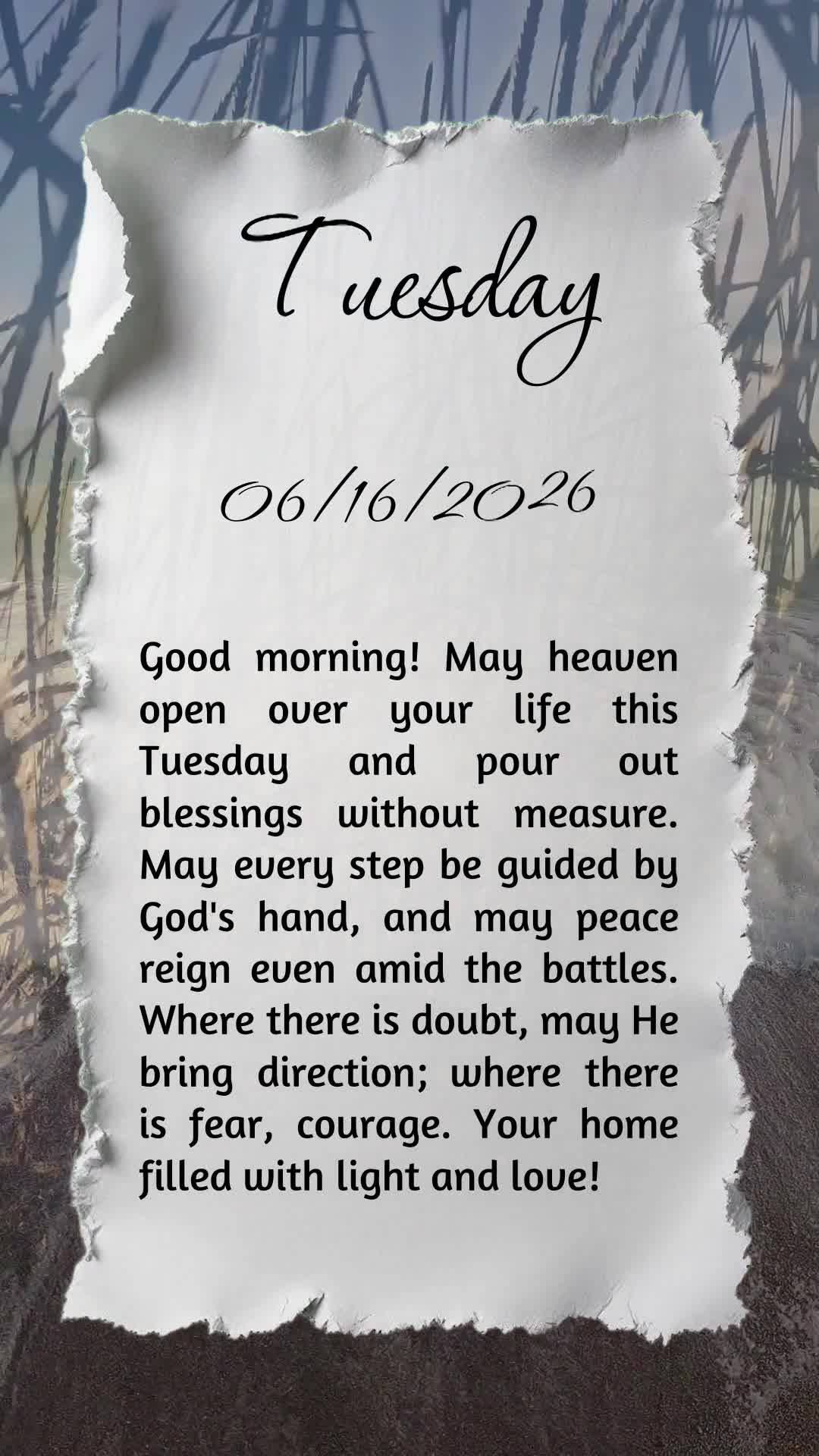 Bom dia! Que nesta terça-feira o céu se abra sobre sua vida e derrame bênçãos sem medida. Que cada passo seu seja guiado pela mão de Deus e que a p...
