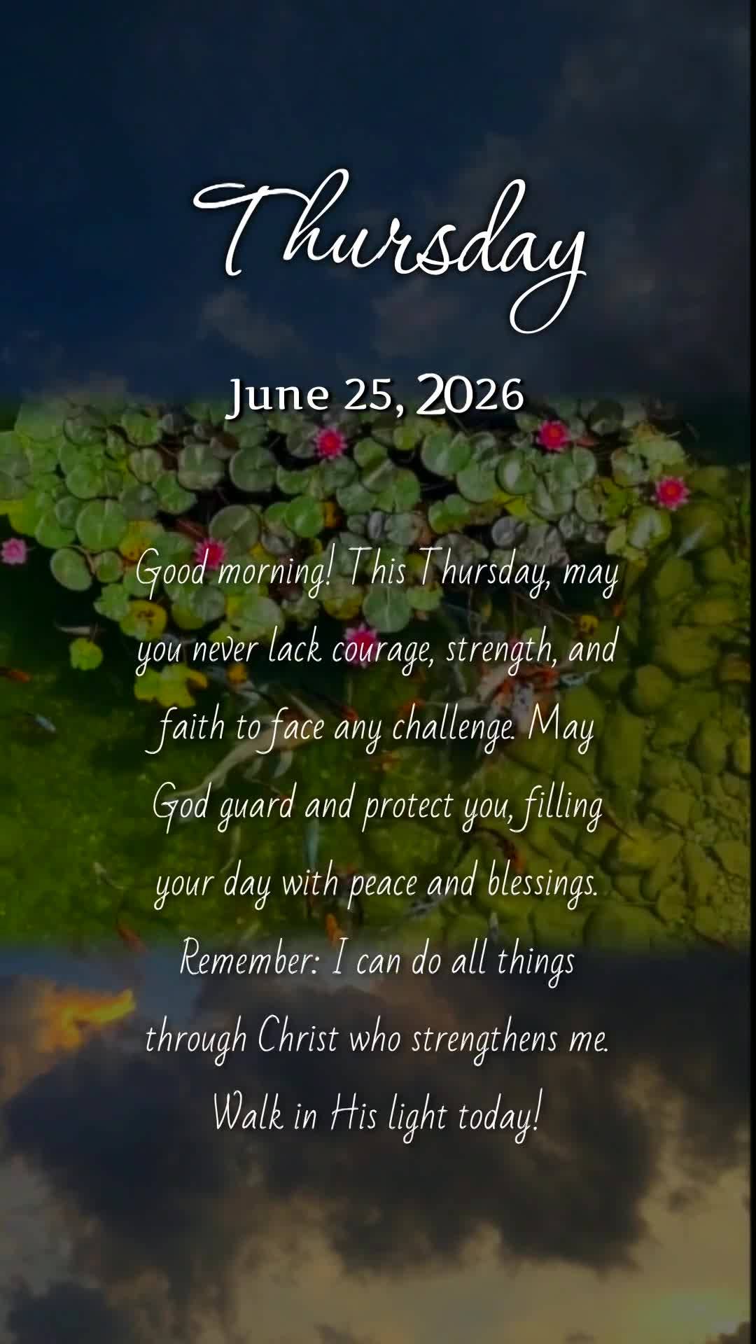 Bom dia! Nesta quinta-feira, que não te falte ânimo, força e fé para enfrentar qualquer desafio. Que Deus te guarde, te cuide e encha seu dia de paz ...