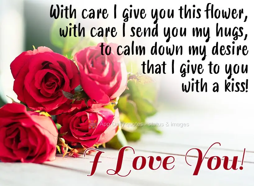 With care I give you this flower, with care I send you my hugs, to calm down my desire that I give to you with a kiss! 