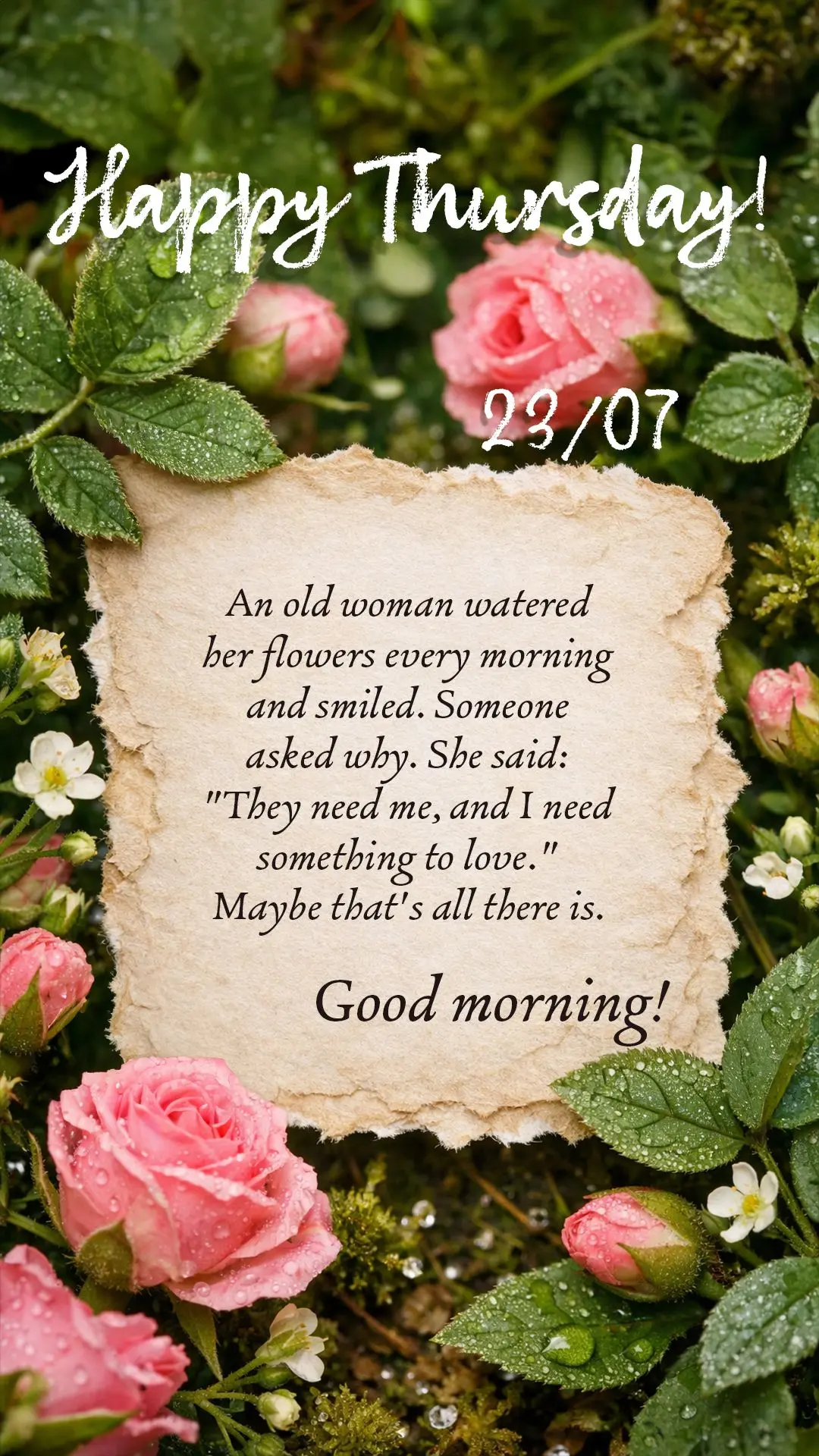 An old woman watered her flowers every morning and smiled. Someone asked why. She said: "They need me, and I need something to love." Maybe that's all th...