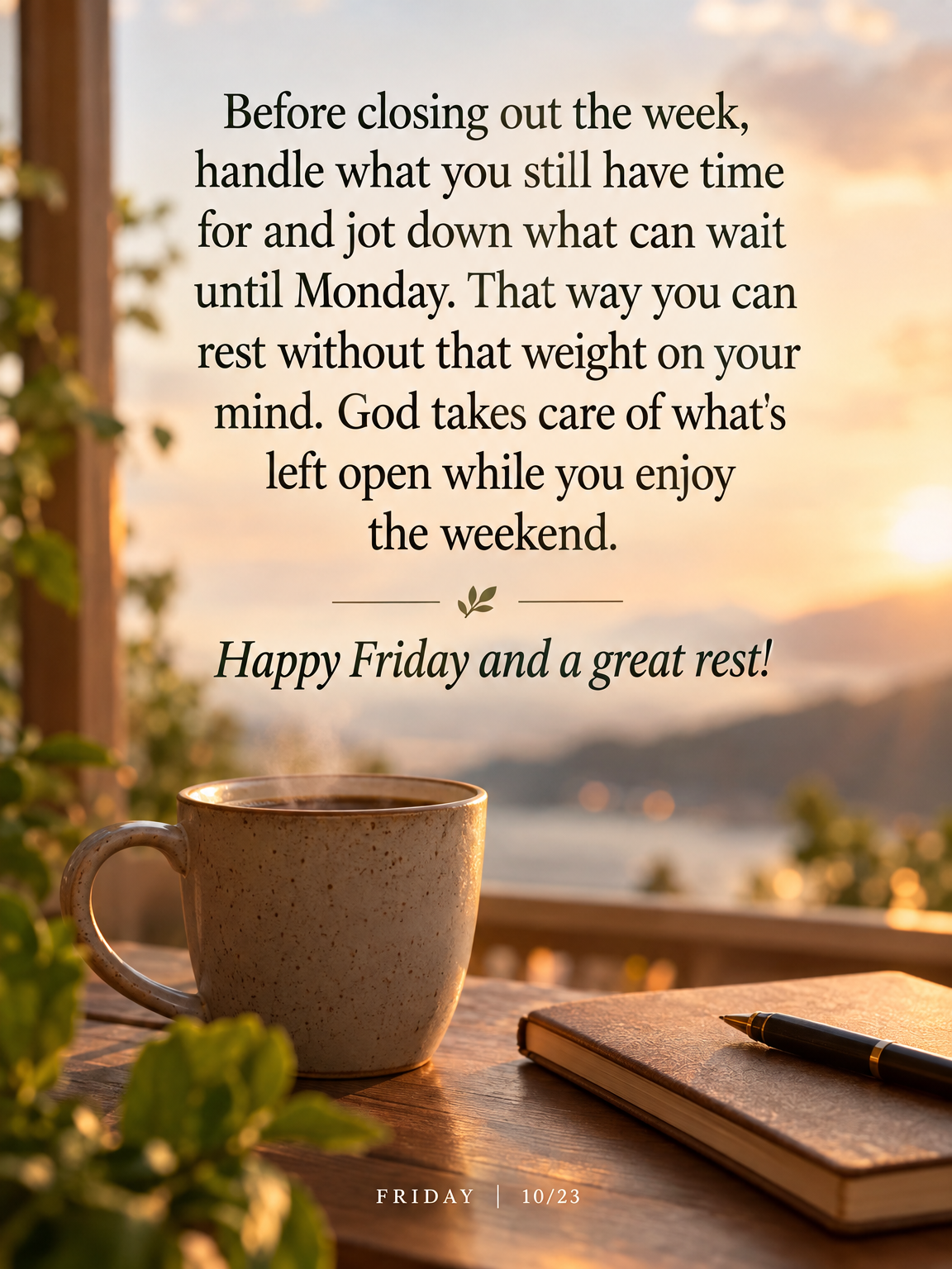 Before closing out the week, handle what you still have time for and jot down what can wait until Monday. That way you can rest without that weight on yo...