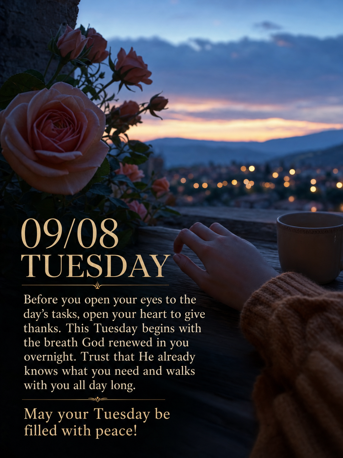 Before you open your eyes to the day's tasks, open your heart to give thanks. This Tuesday begins with the breath God renewed in you overnight. Trust tha...