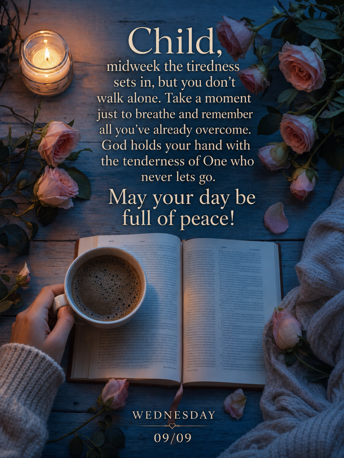 Child, midweek the tiredness sets in, but you don't walk alone. Take a moment just to breathe and remember all you've already overcome. God holds your ha...