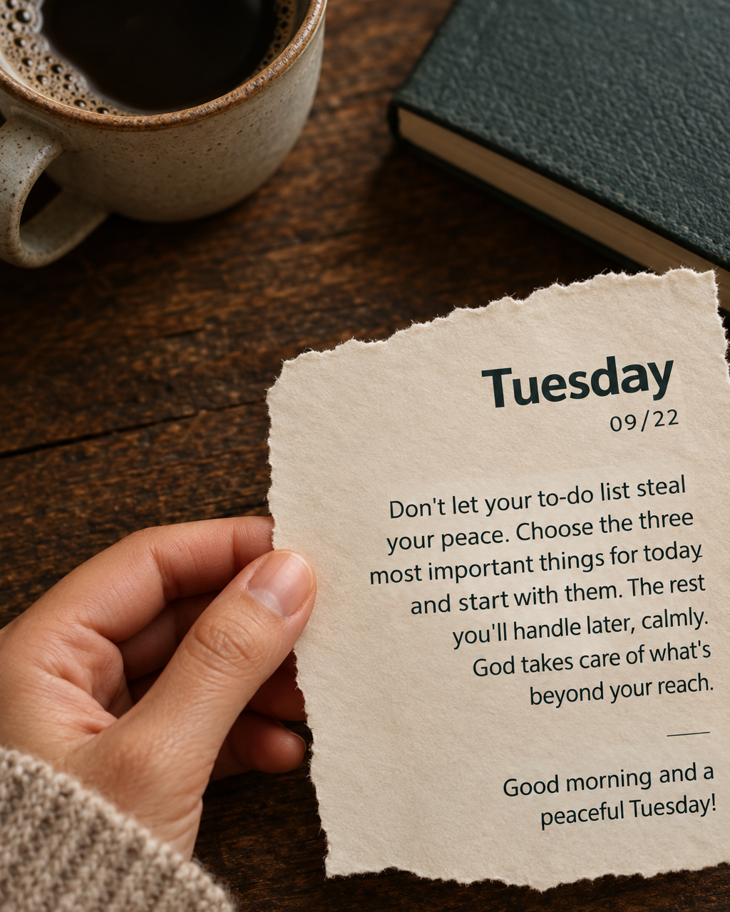 Don't let your to-do list steal your peace. Choose the three most important things for today and start with them. The rest you'll handle later, calmly. G...