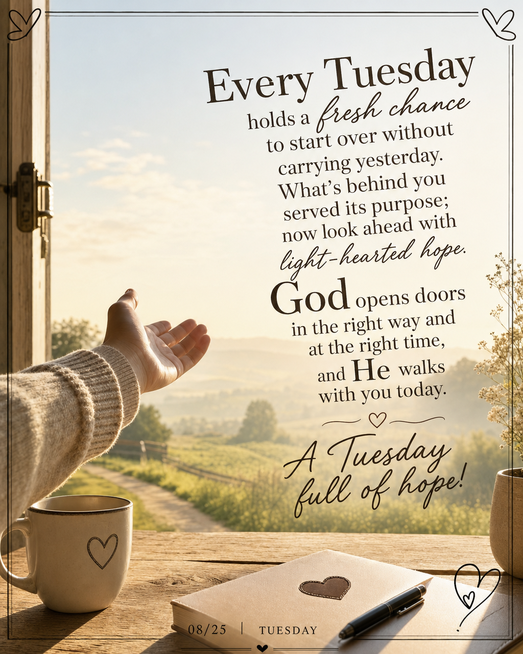 Every Tuesday holds a fresh chance to start over without carrying yesterday. What's behind you served its purpose; now look ahead with light-hearted hope...
