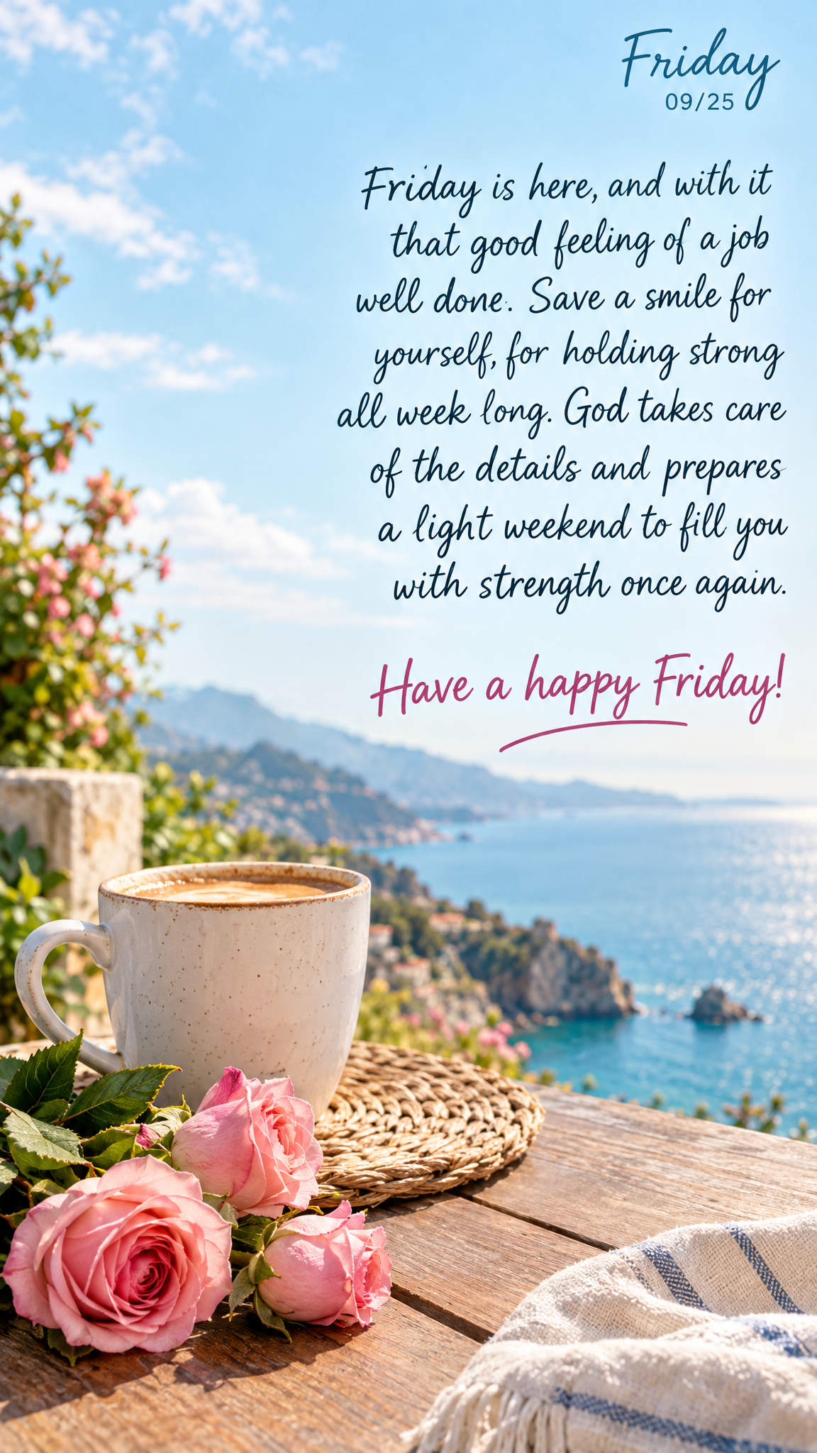 Friday is here, and with it that good feeling of a job well done. Save a smile for yourself, for holding strong all week long. God takes care of the deta...