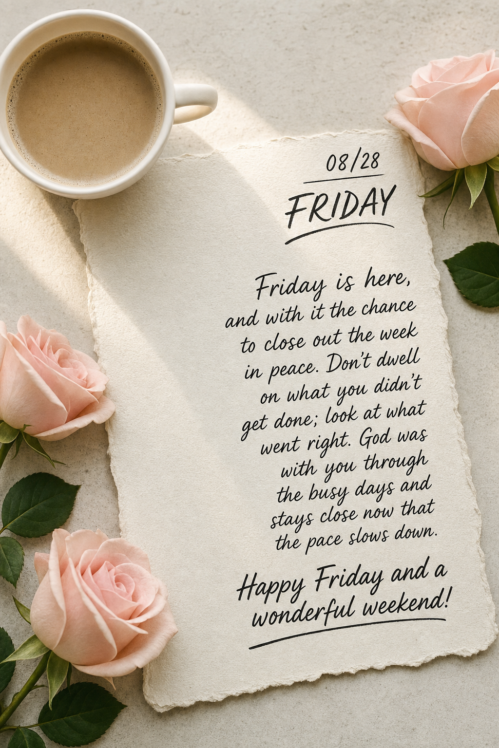Friday is here, and with it the chance to close out the week in peace. Don't dwell on what you didn't get done; look at what went right. God was with you...