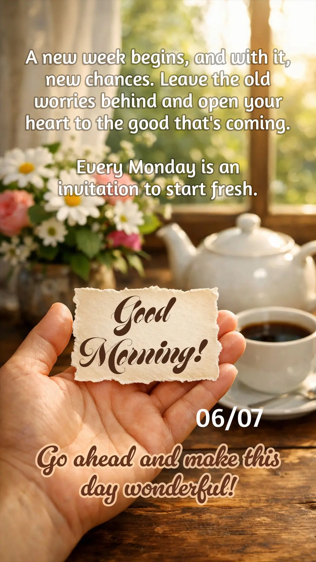Good morning! A new week begins, and with it, new chances. Leave the old worries behind and open your heart to the good that's coming. Every Monday is an...