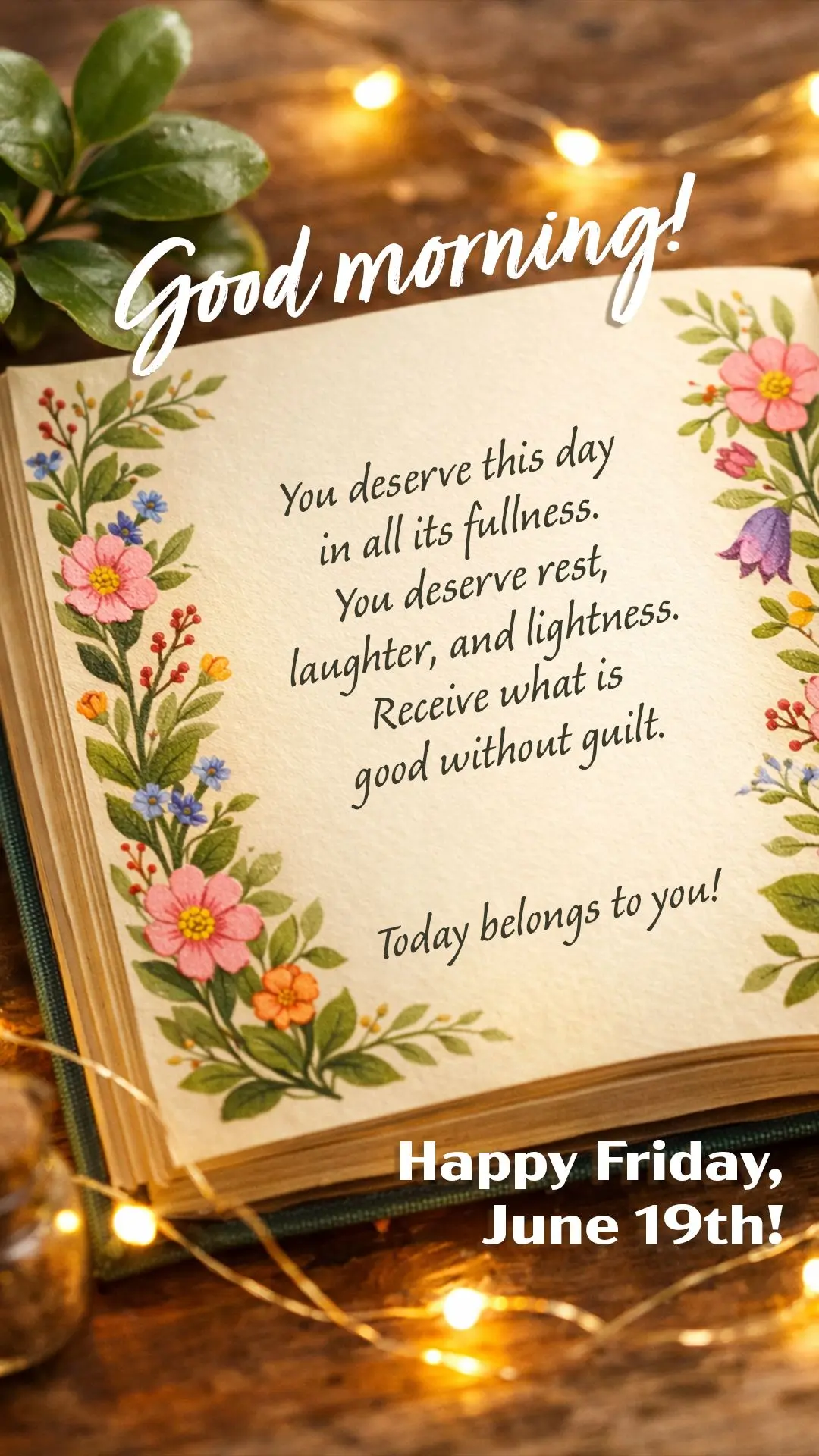 Good morning and happy Friday, June 19th! You deserve this day in all its fullness. You deserve rest, laughter, and lightness. Receive what is good witho...