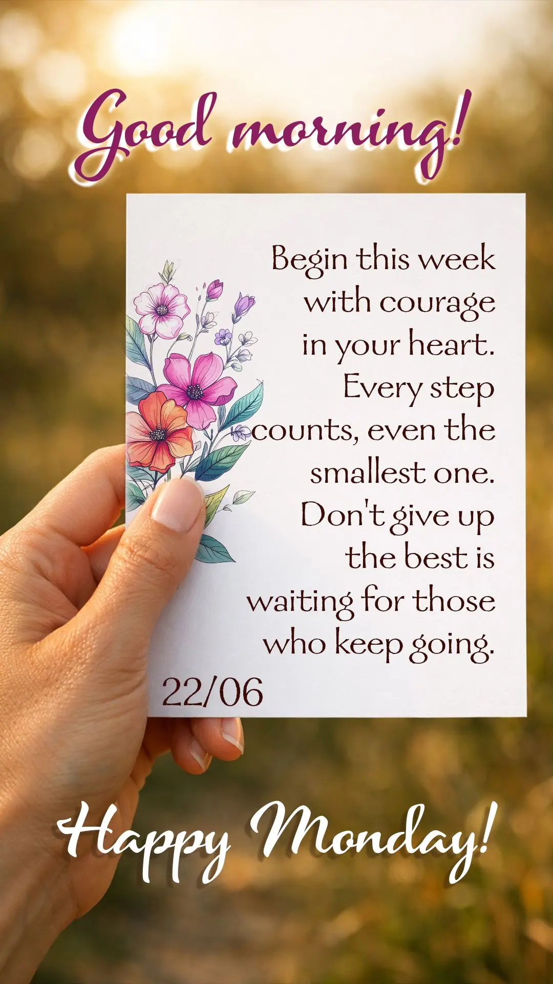 Good morning and happy Monday! Begin this week with courage in your heart. Every step counts, even the smallest one. Don't give up — the best is waitin...