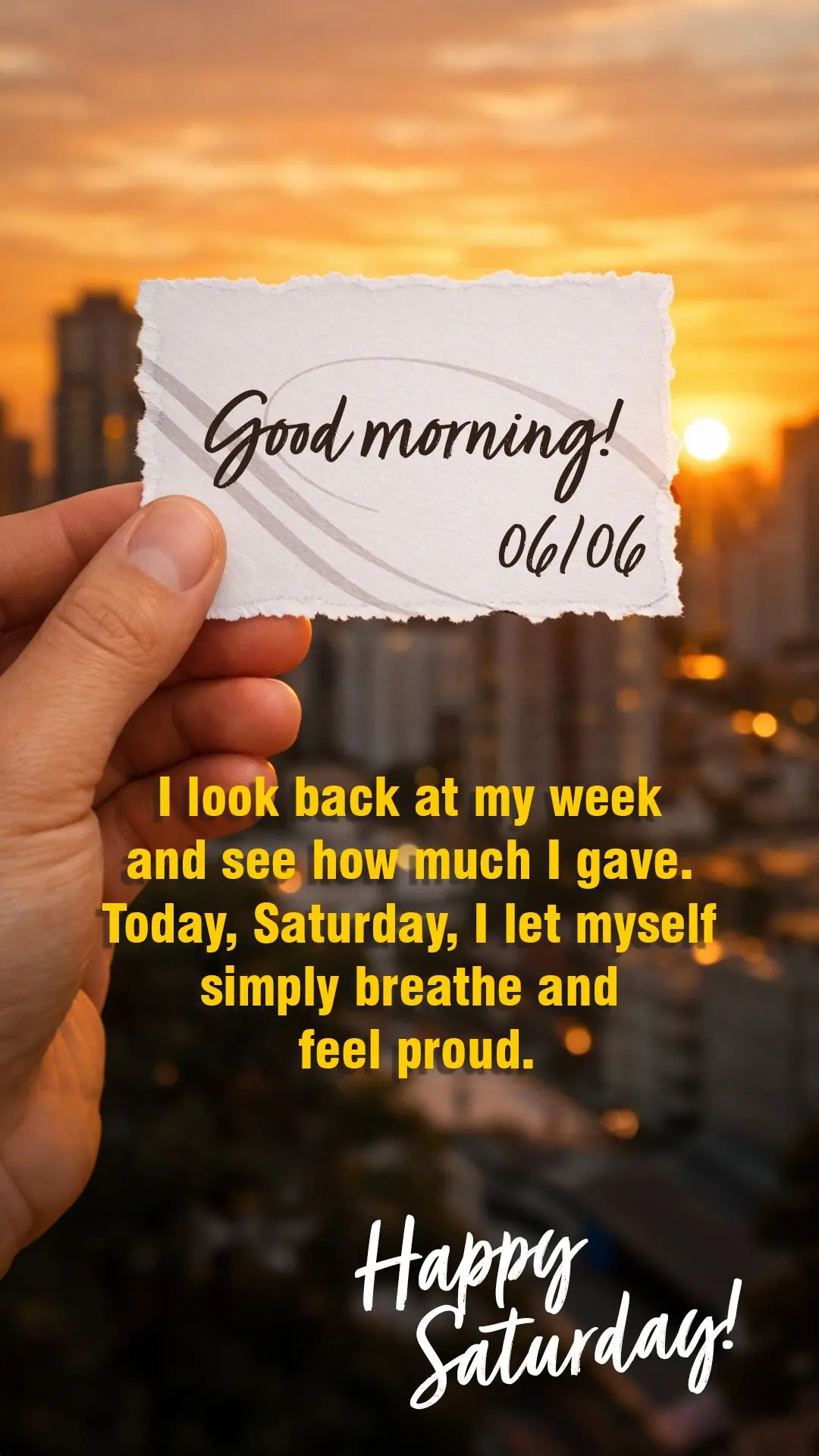 Good morning. I look back at my week and see how much I gave. Today, Saturday, I let myself simply breathe and feel proud.