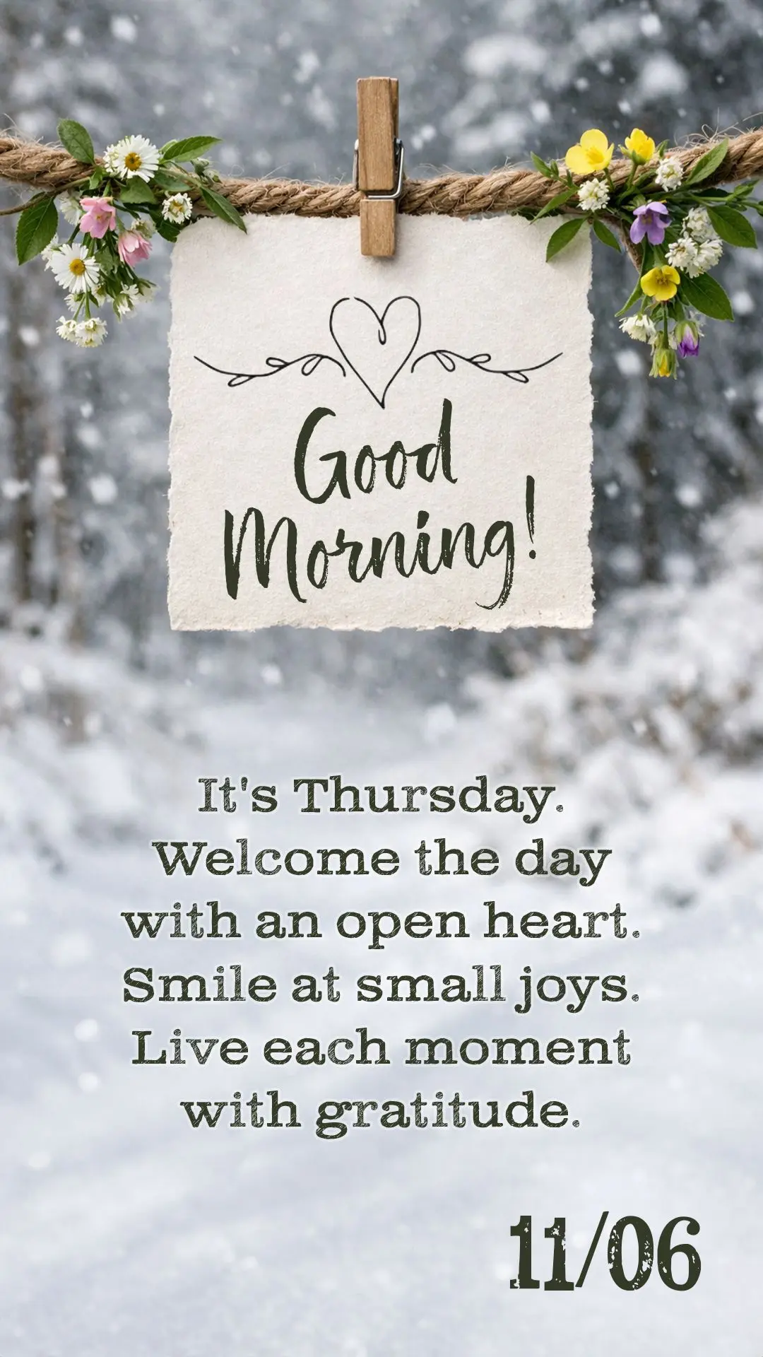 Good morning. It's Thursday. Welcome the day with an open heart. Smile at small joys. Live each moment with gratitude.