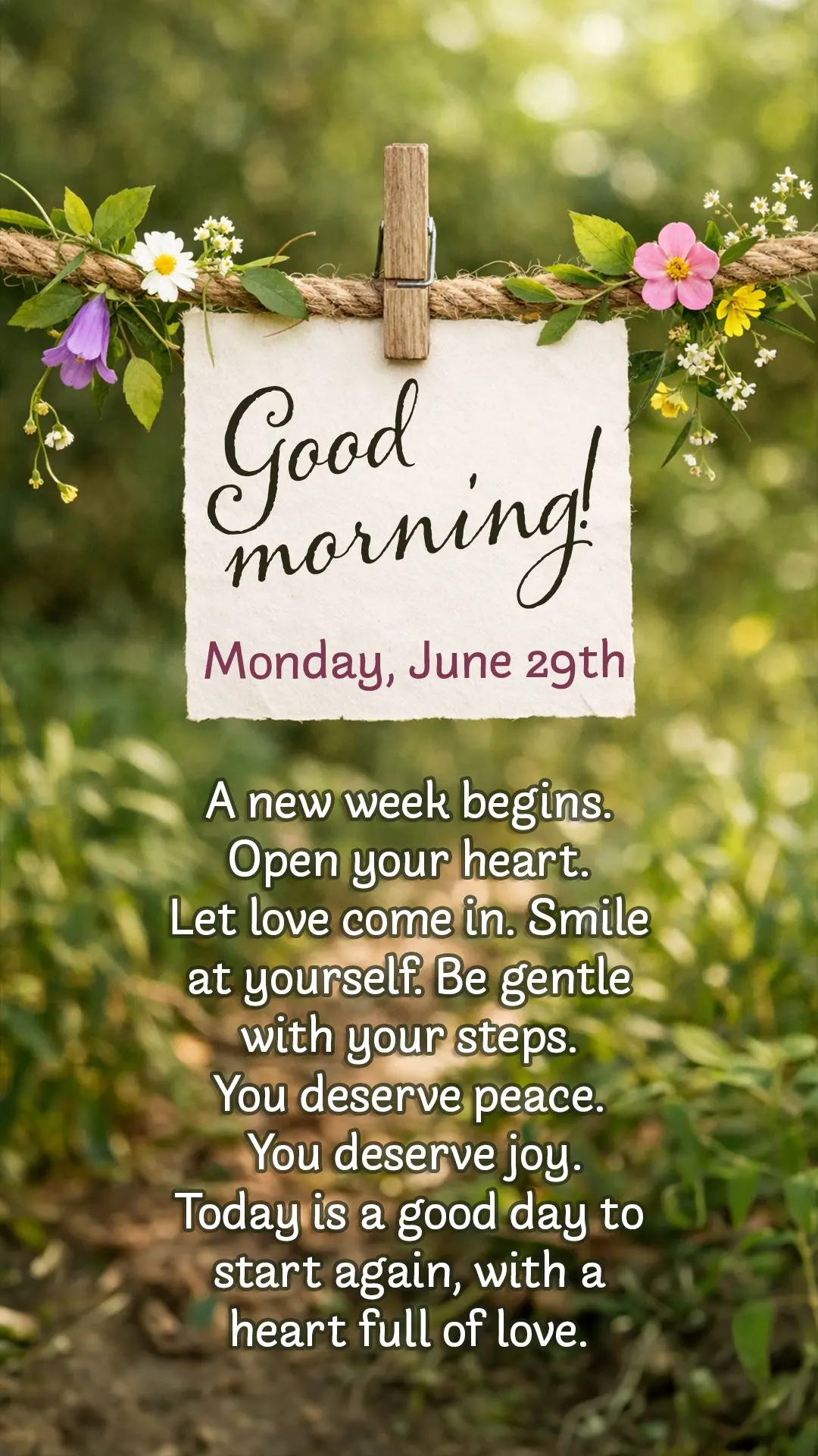 Good morning, Monday, June 29th. A new week begins. Open your heart. Let love come in. Smile at yourself. Be gentle with your steps. You deserve peace. Y...