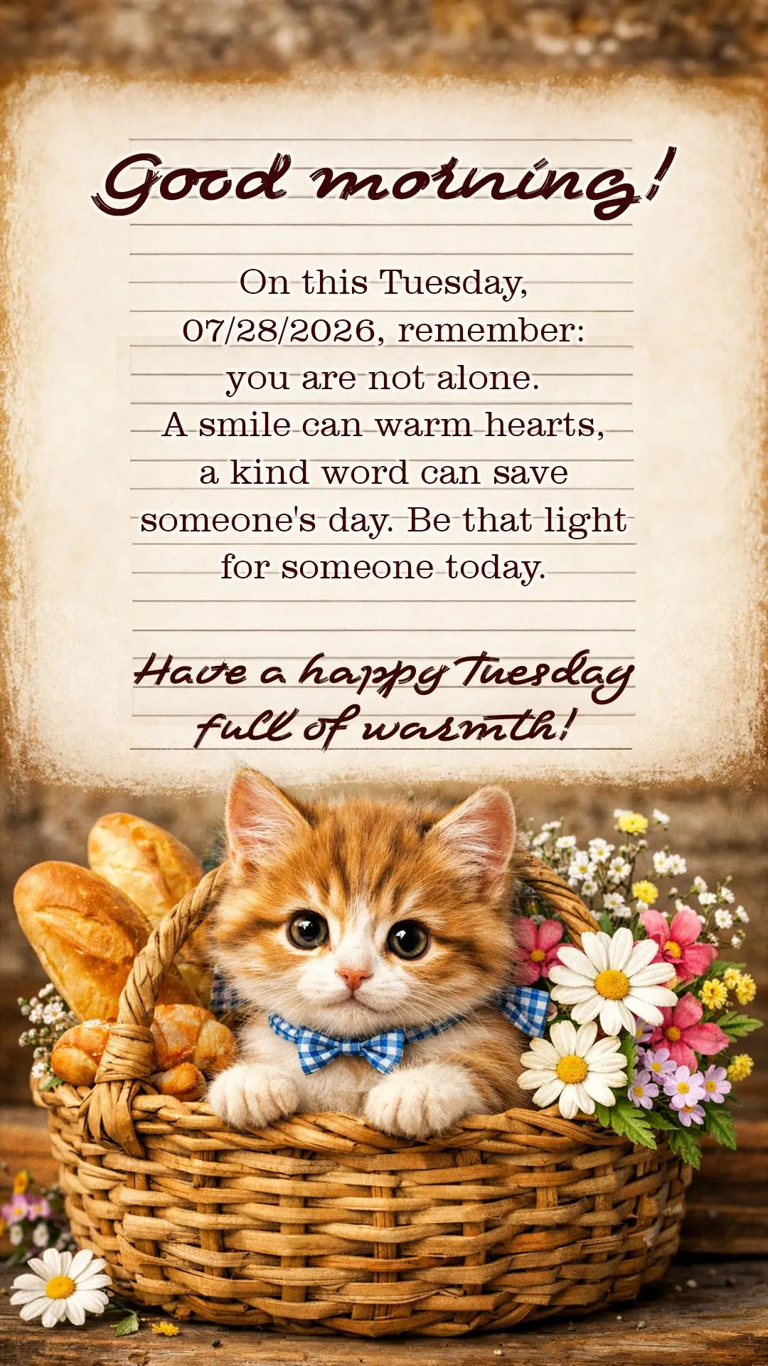 Good morning! On this Tuesday, 07/28/2026, remember: you are not alone. A smile can warm hearts, a kind word can save someone's day. Be that light for so...