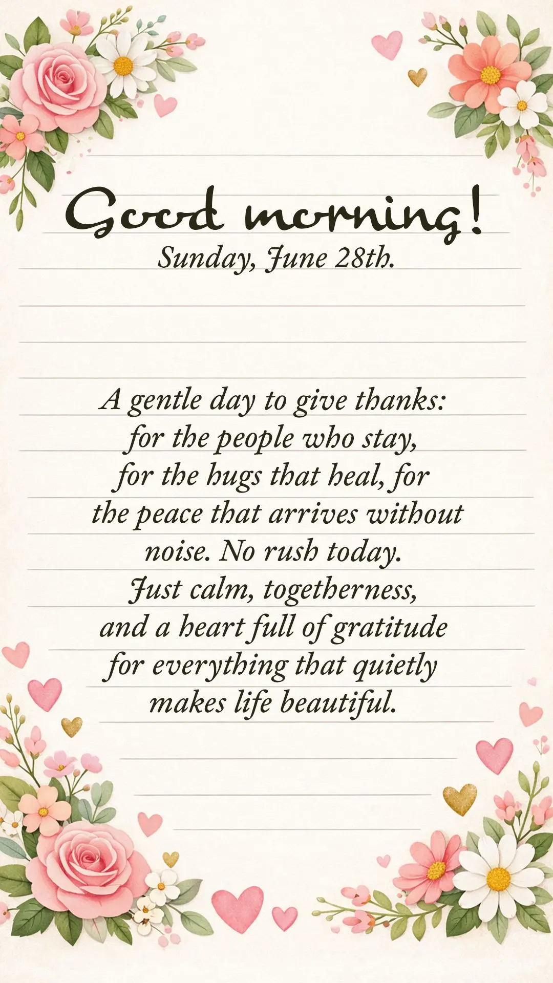 Good morning, Sunday, June 28th. A gentle day to give thanks: for the people who stay, for the hugs that heal, for the peace that arrives without noise. ...