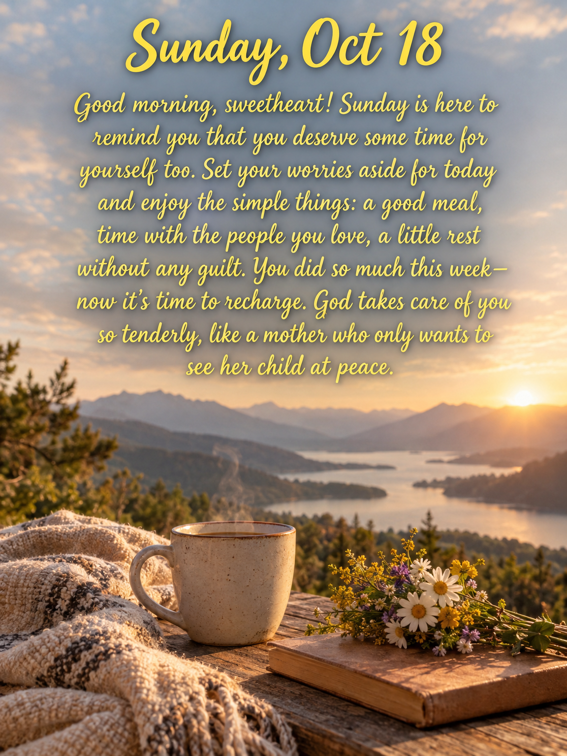 Good morning, sweetheart! Sunday is here to remind you that you deserve some time for yourself too. Set your worries aside for today and enjoy the simple...