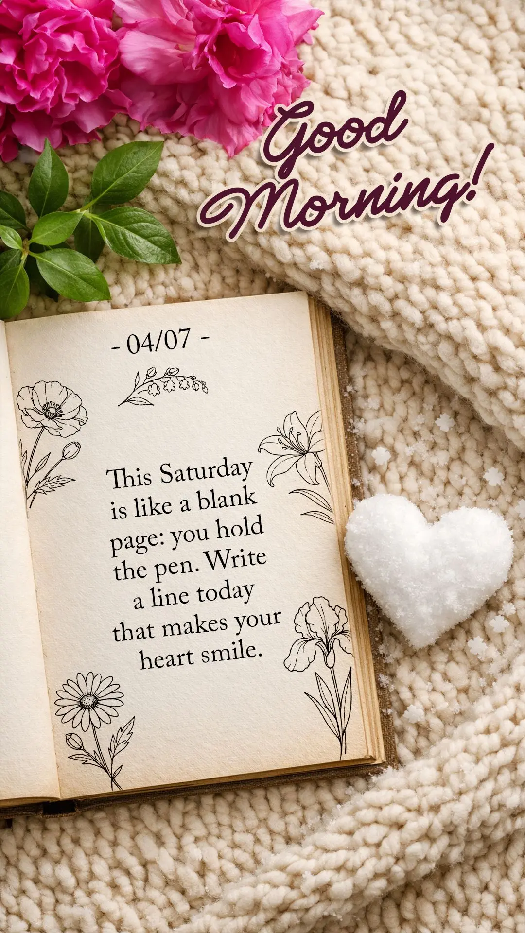 Good morning! This Saturday is like a blank page: you hold the pen. Write a line today that makes your heart smile.
