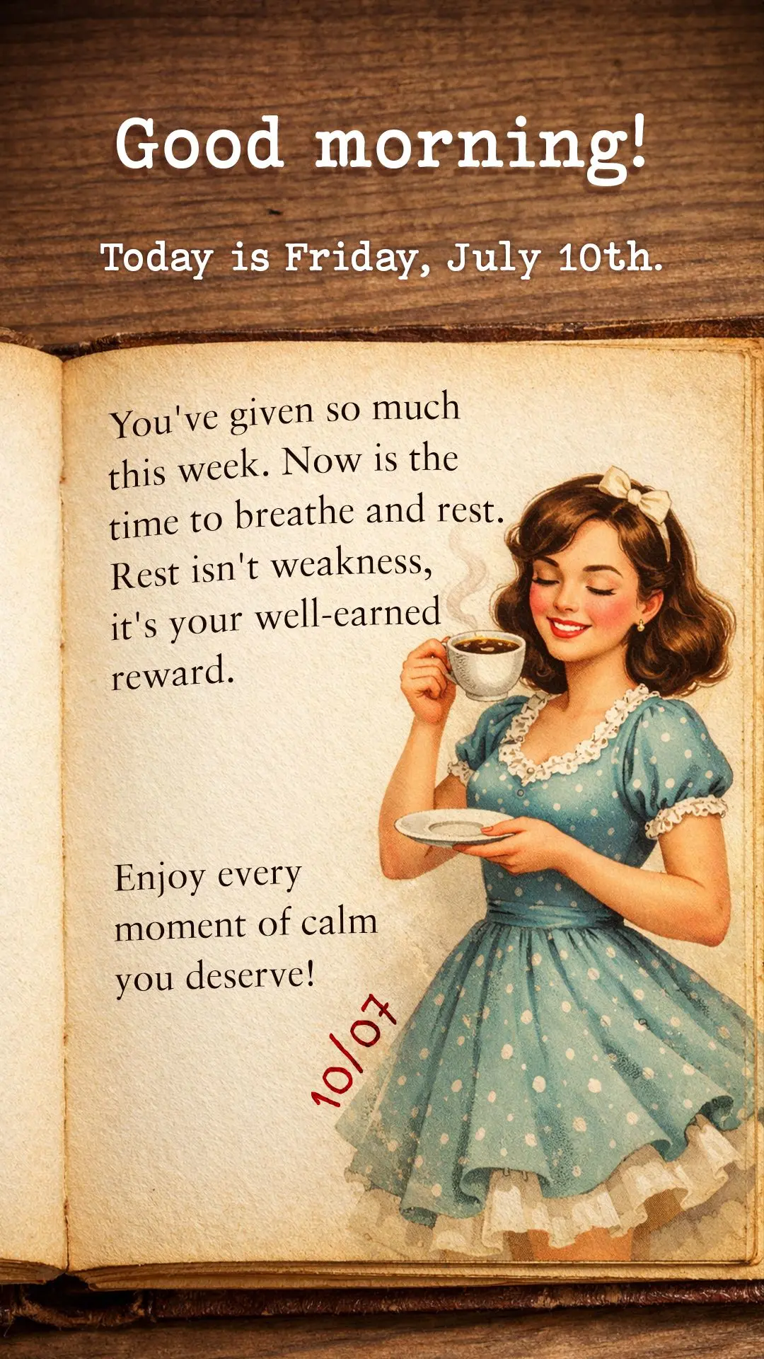 Good morning! Today is Friday, July 10th. You've given so much this week. Now is the time to breathe and rest. Rest isn't weakness, it's your well-earned...
