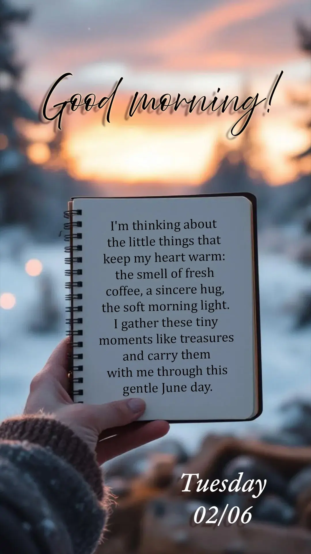 Good morning, Tuesday. I'm thinking about the little things that keep my heart warm: the smell of fresh coffee, a sincere hug, the soft morning light. I ...