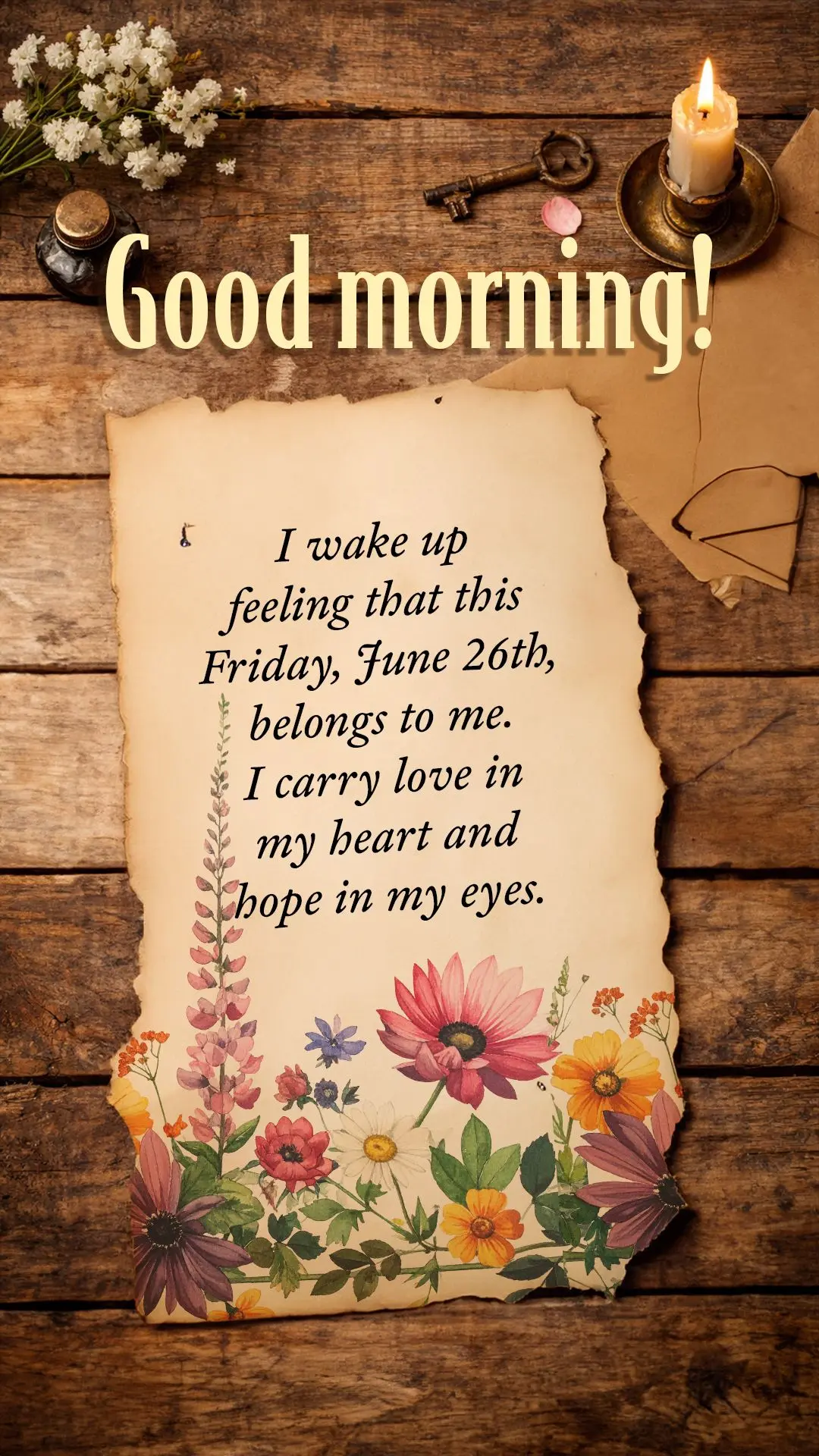 I wake up feeling that this Friday, June 26th, belongs to me. I carry love in my heart and hope in my eyes. Good morning, my dear life.