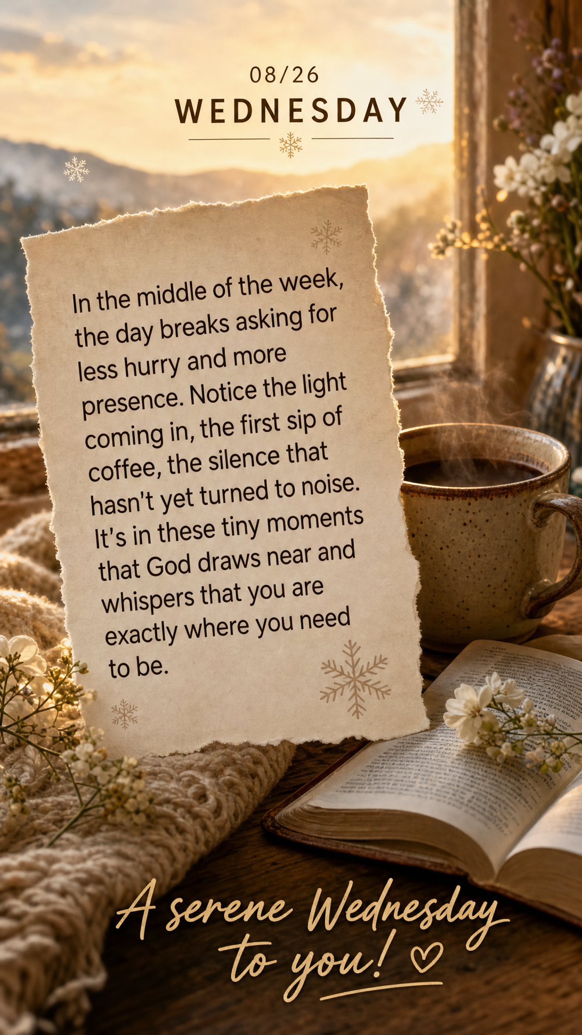 In the middle of the week, the day breaks asking for less hurry and more presence. Notice the light coming in, the first sip of coffee, the silence that ...