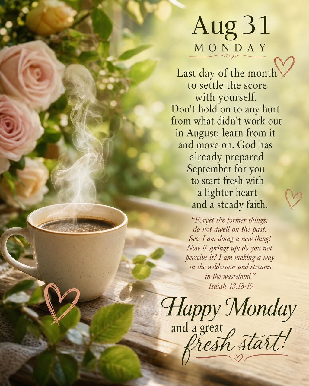 Last day of the month to settle the score with yourself. Don't hold on to any hurt from what didn't work out in August; learn from it and move on. God ha...