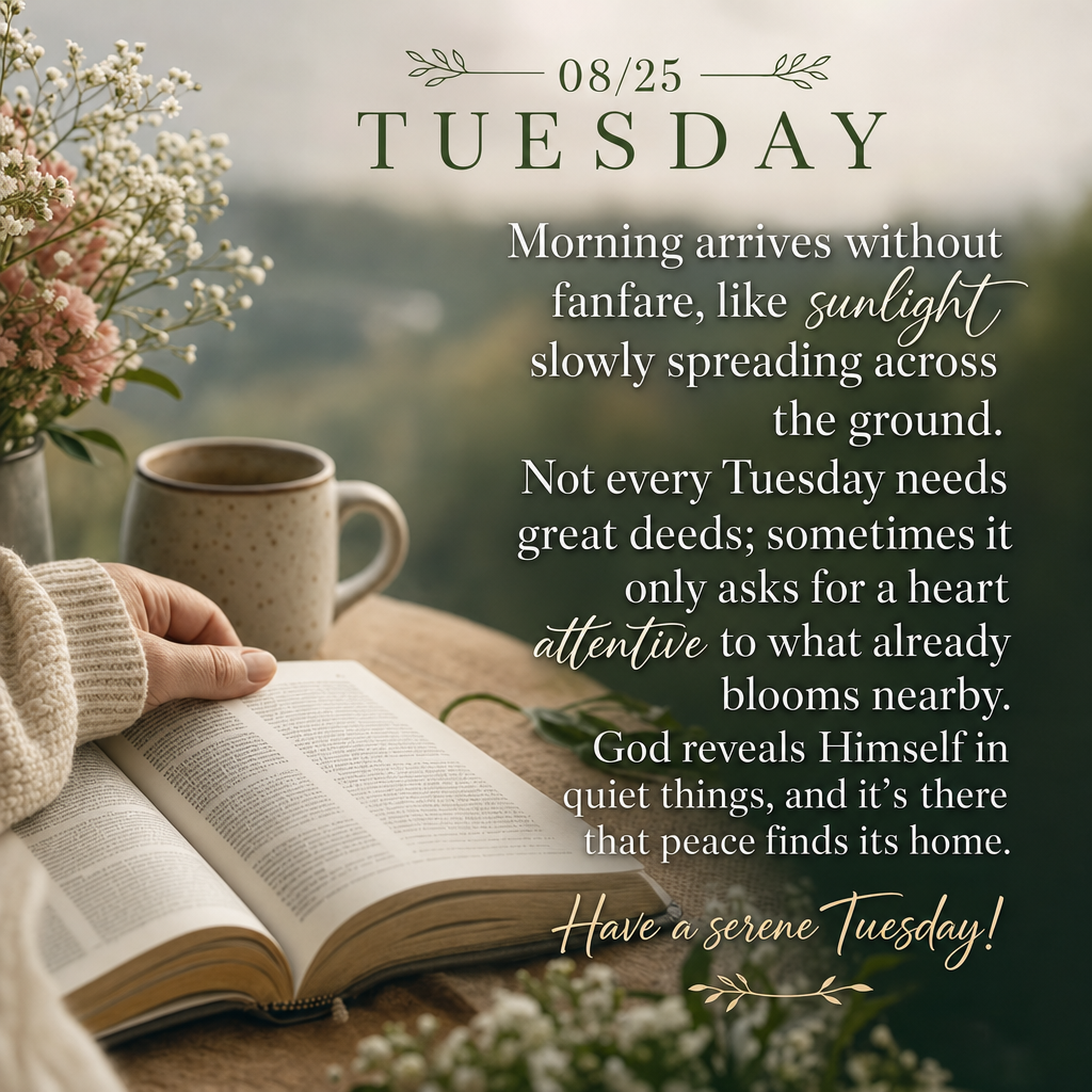 Morning arrives without fanfare, like sunlight slowly spreading across the ground. Not every Tuesday needs great deeds; sometimes it only asks for a hear...