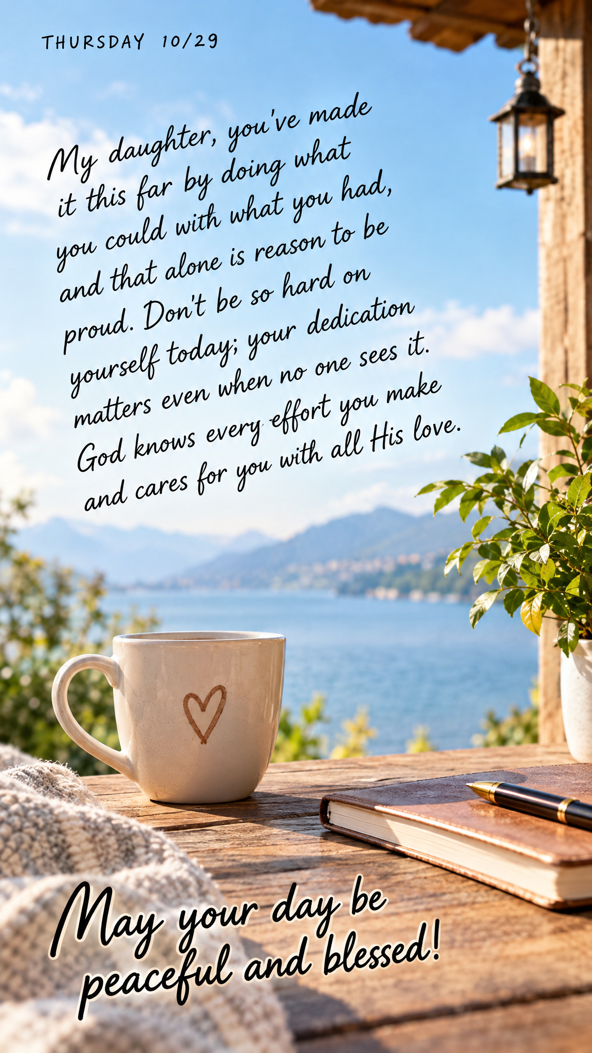 My daughter, you've made it this far by doing what you could with what you had, and that alone is reason to be proud. Don't be so hard on yourself today;...