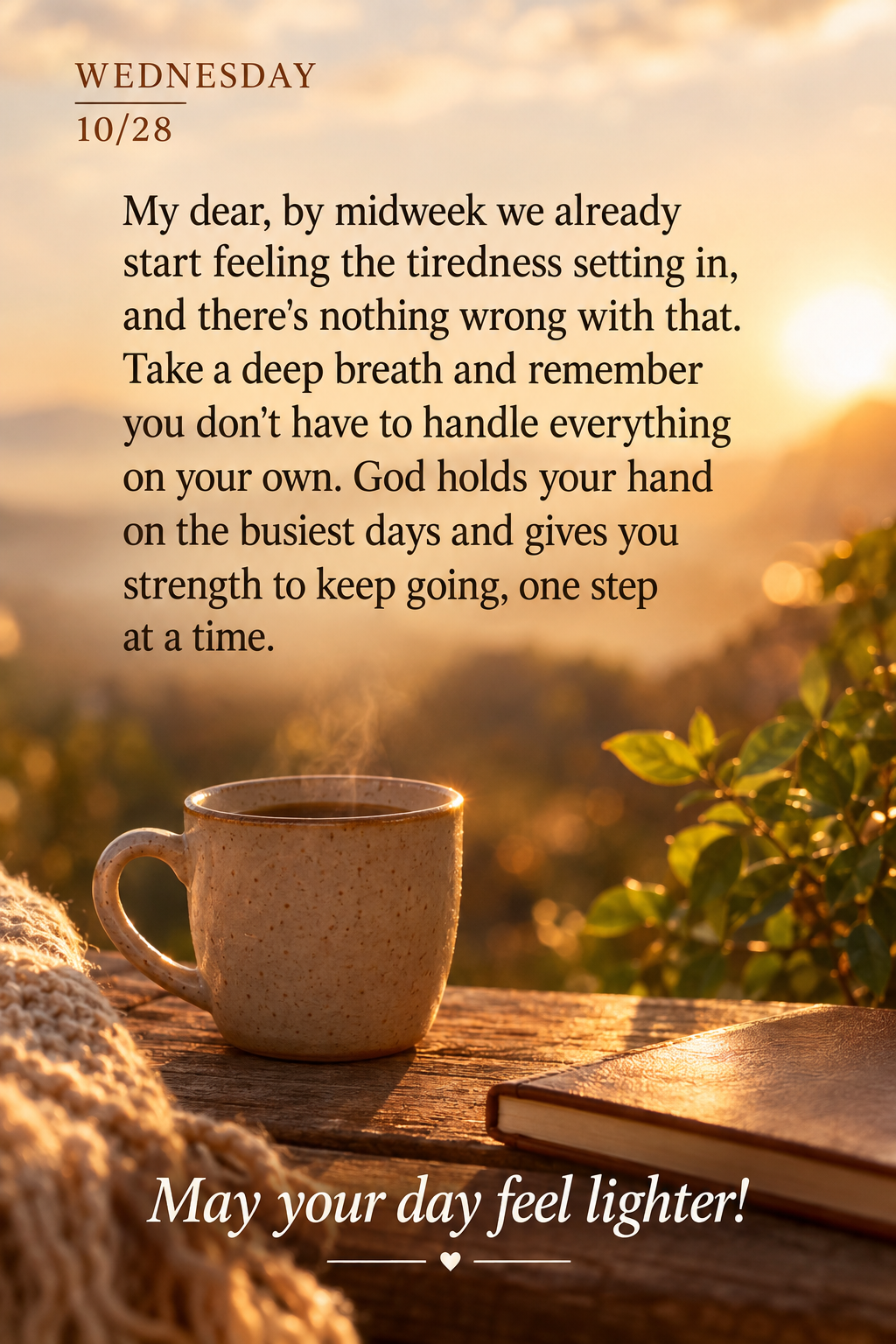 My dear, by midweek we already start feeling the tiredness setting in, and there's nothing wrong with that. Take a deep breath and remember you don't hav...