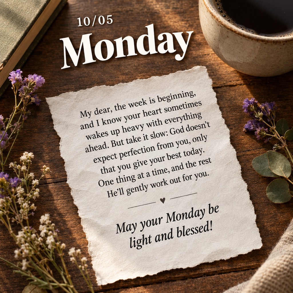 My dear, the week is beginning, and I know your heart sometimes wakes up heavy with everything ahead. But take it slow: God doesn't expect perfection fro...